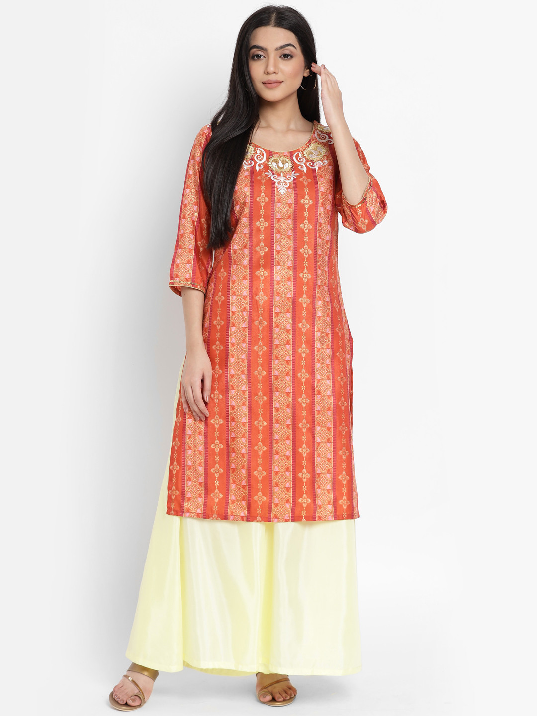 AURELIA - The Aure Collection Women Orange & Yellow Ethnic Motifs Print Zari Embroidered Kurta with Palazzos
