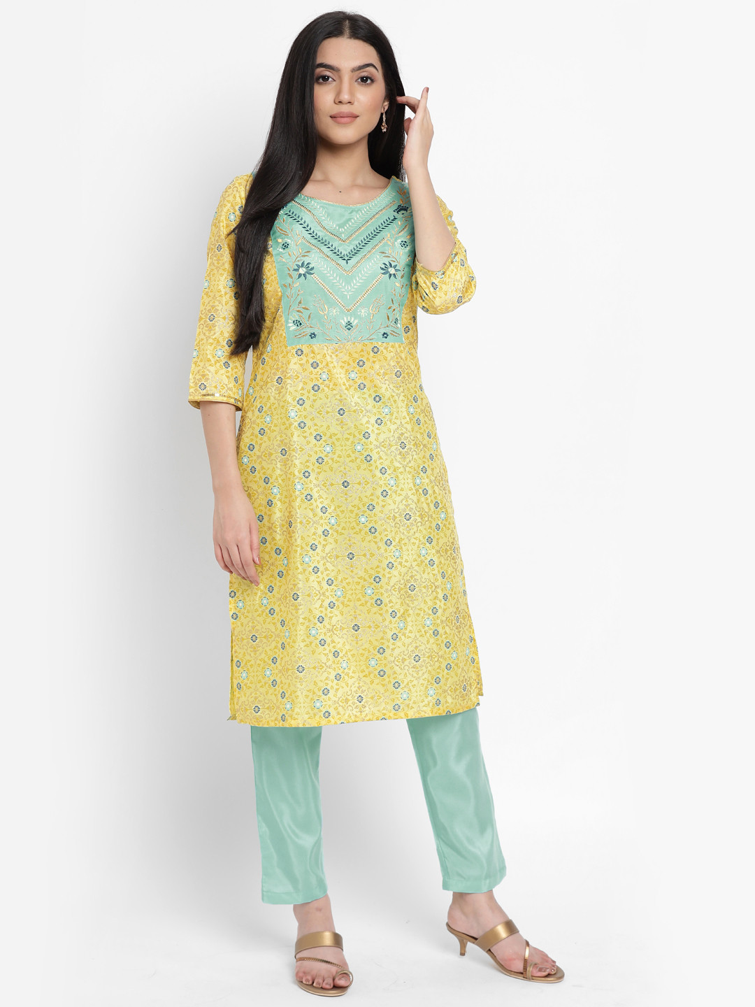 AURELIA - The Aure Collection Women Yellow & Blue Mughal Print Zari Embroidered Kurta with Trousers