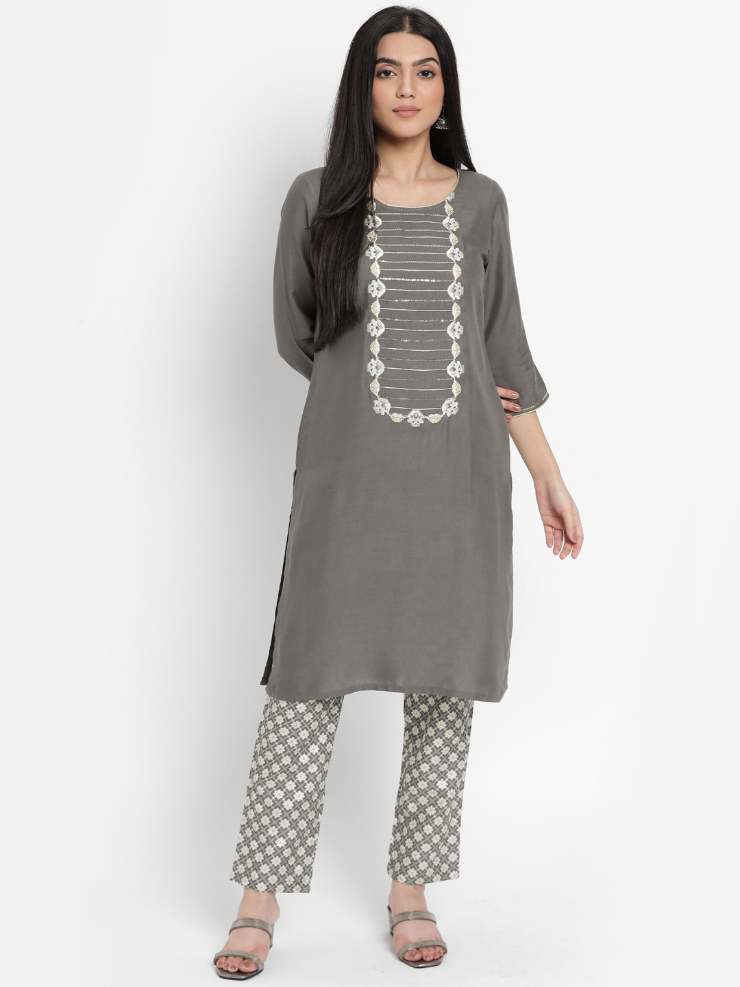 AURELIA - The Aure Collection Women Grey & Off White Ethnic Motifs Embroidered Sequinned Kurta with Trousers