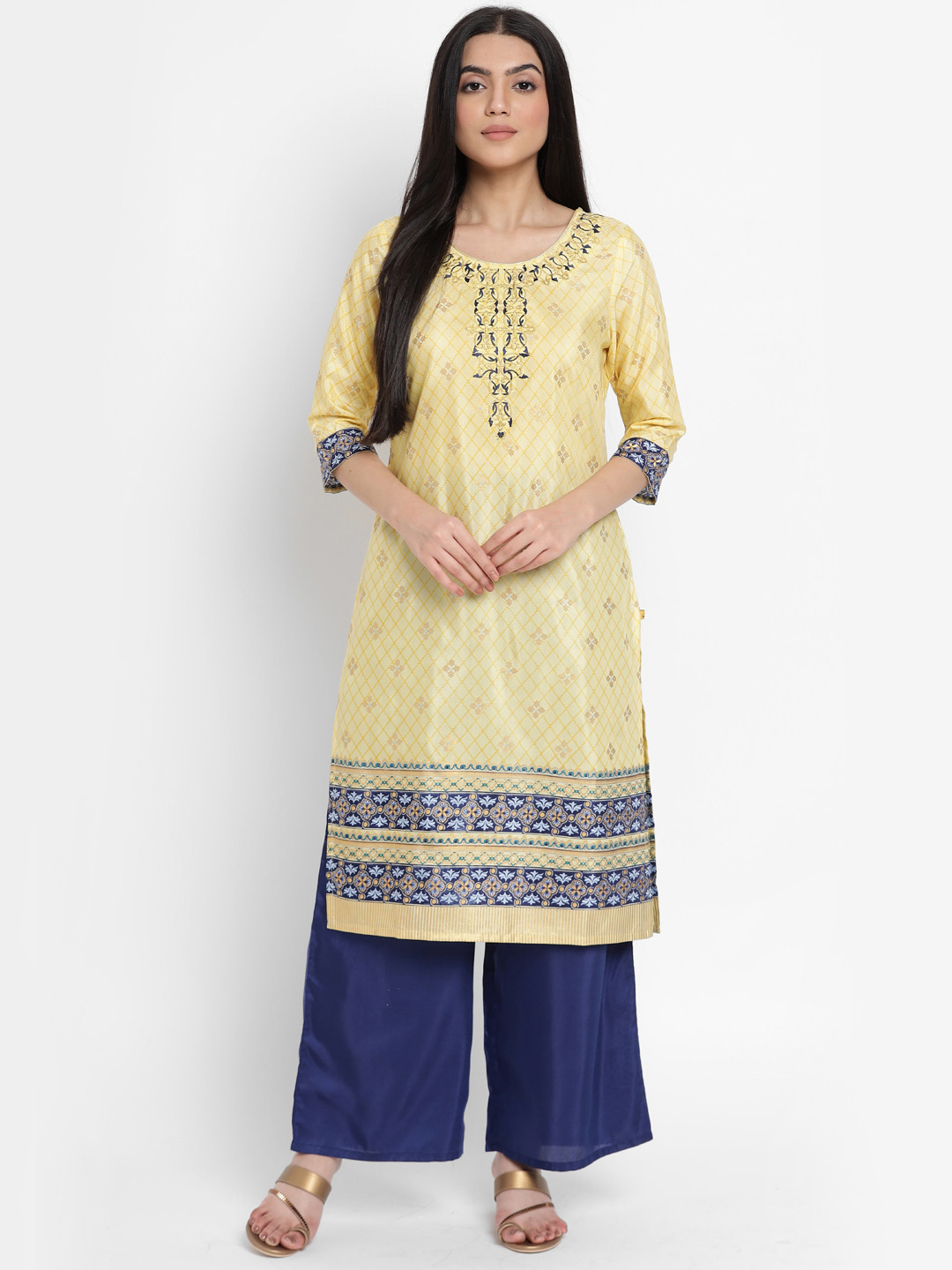 AURELIA - The Aure Collection Women Yellow & Blue Geometric Foil Printed Regular Kurta with Palazzos