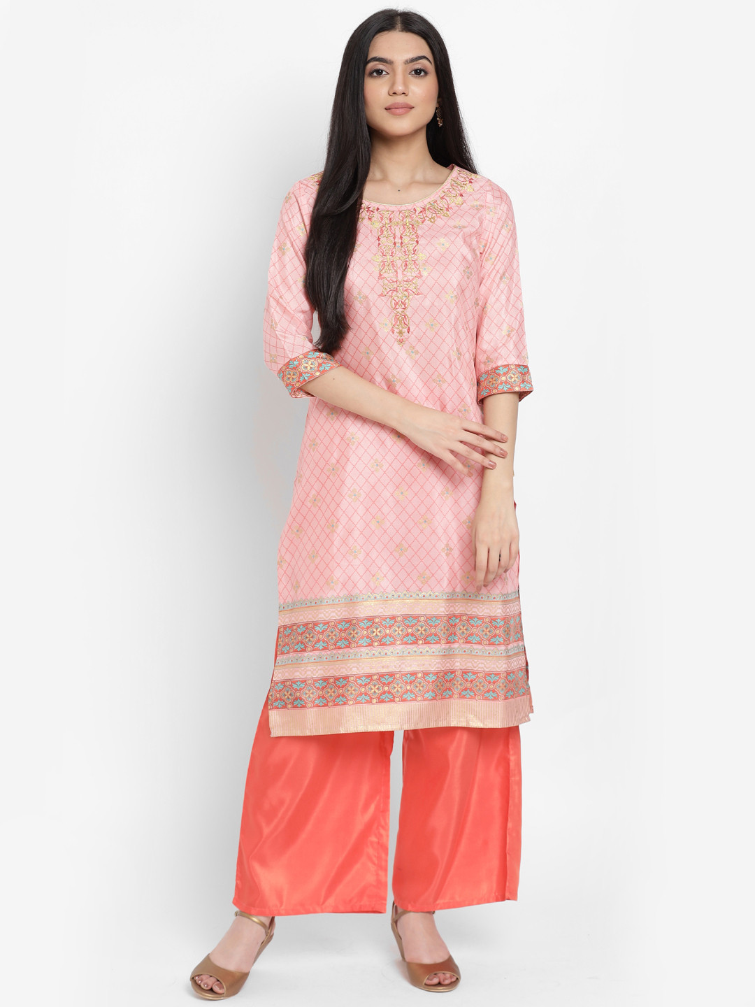 AURELIA - The Aure Collection Women Peach-Coloured & Golden Zari Ethnic Motifs Printed Kurta with Palazzos