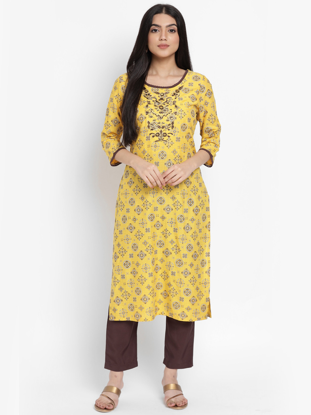 AURELIA - The Aure Collection Women Mustard Yellow & Brown Ethnic Motifs Zari Embroidered Kurta with Trousers