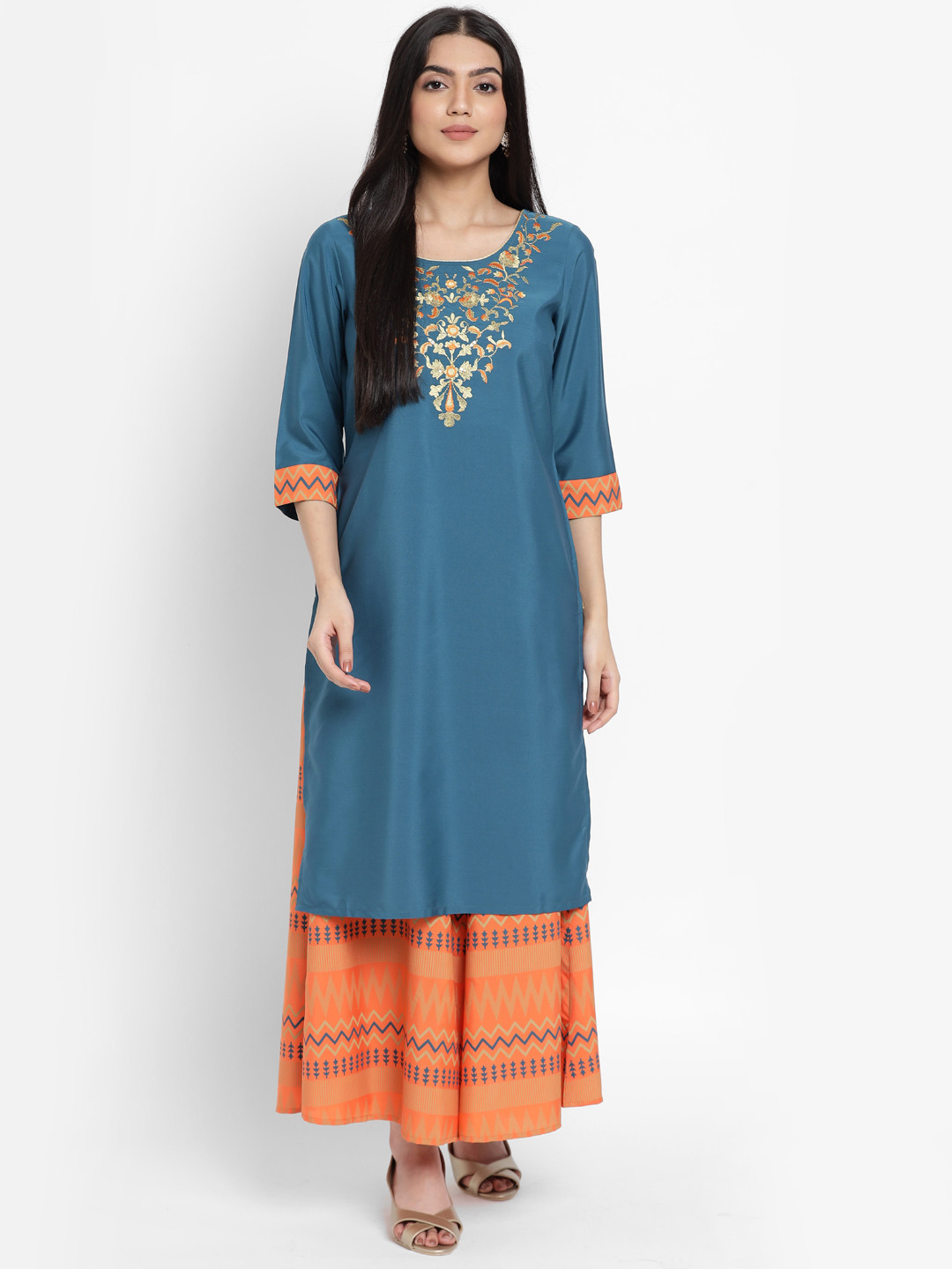 AURELIA - The Aure Collection Women Teal Blue & Coral Orange Motifs Embroidered Regular Kurta with Trousers