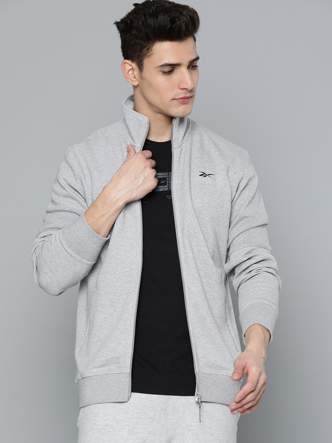 Reebok Men Grey Melange Solid ENH Training Track Sweatshirt