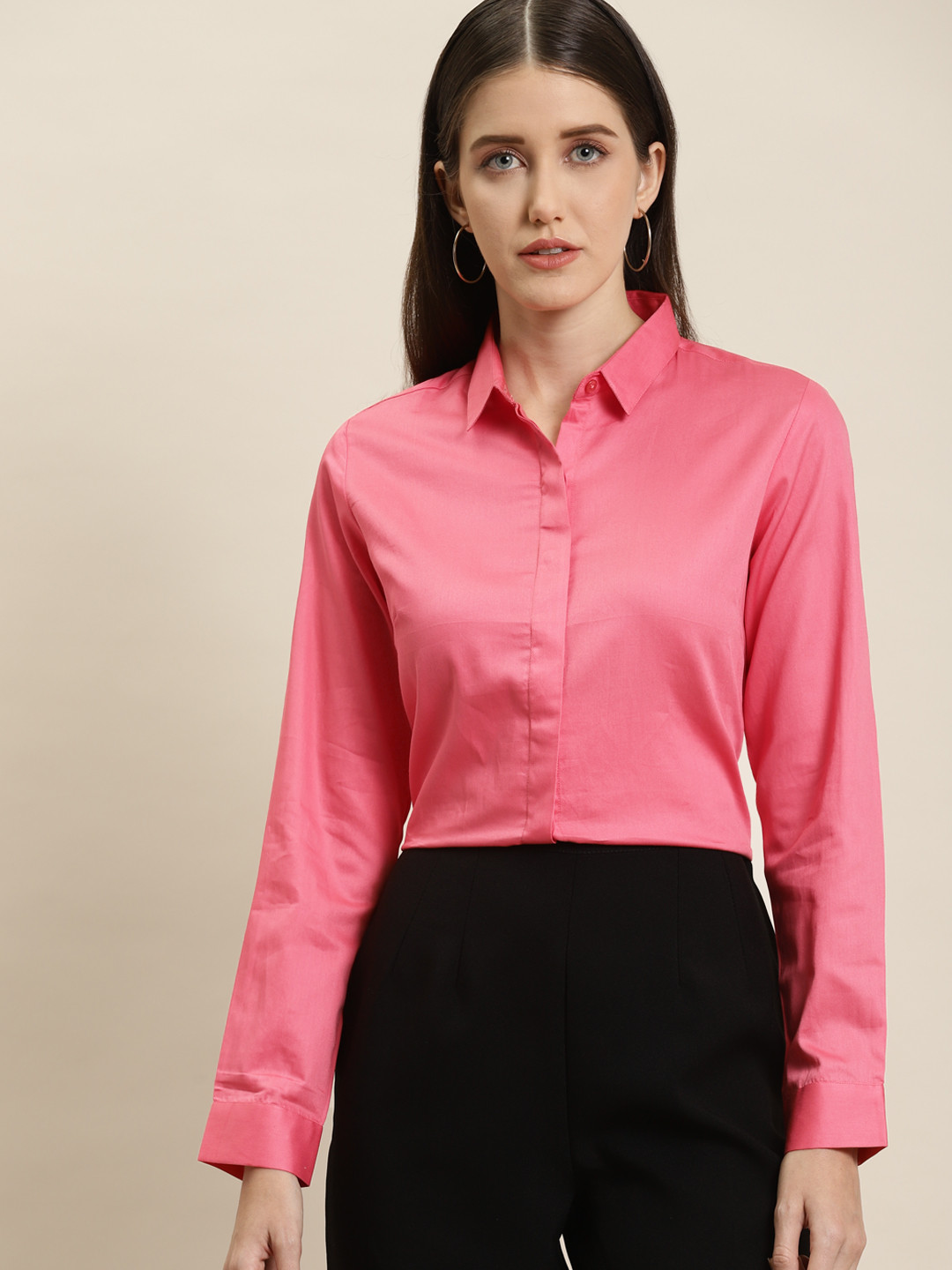 Hancock Women Coral Solid Slim Fit Pure Cotton Satin Formal Shirt