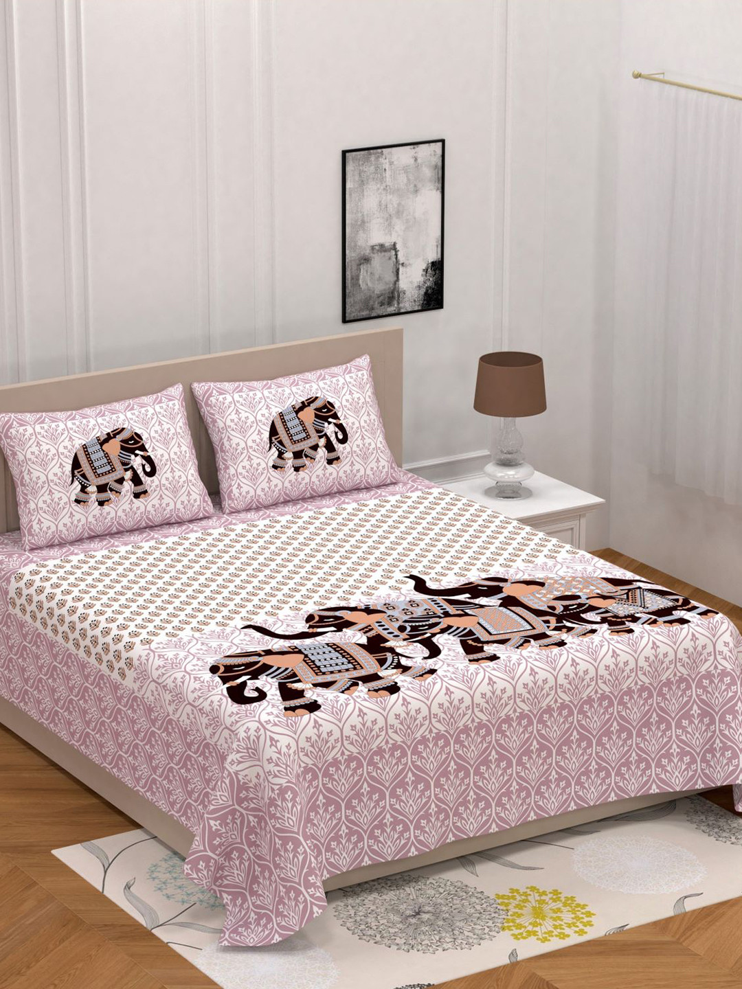 Varde All Seasons Pink Ethnic Motifs Cotton 104 TC Queen Coarse Bedsheet with 2 Pillow Covers-85 x 91 inches