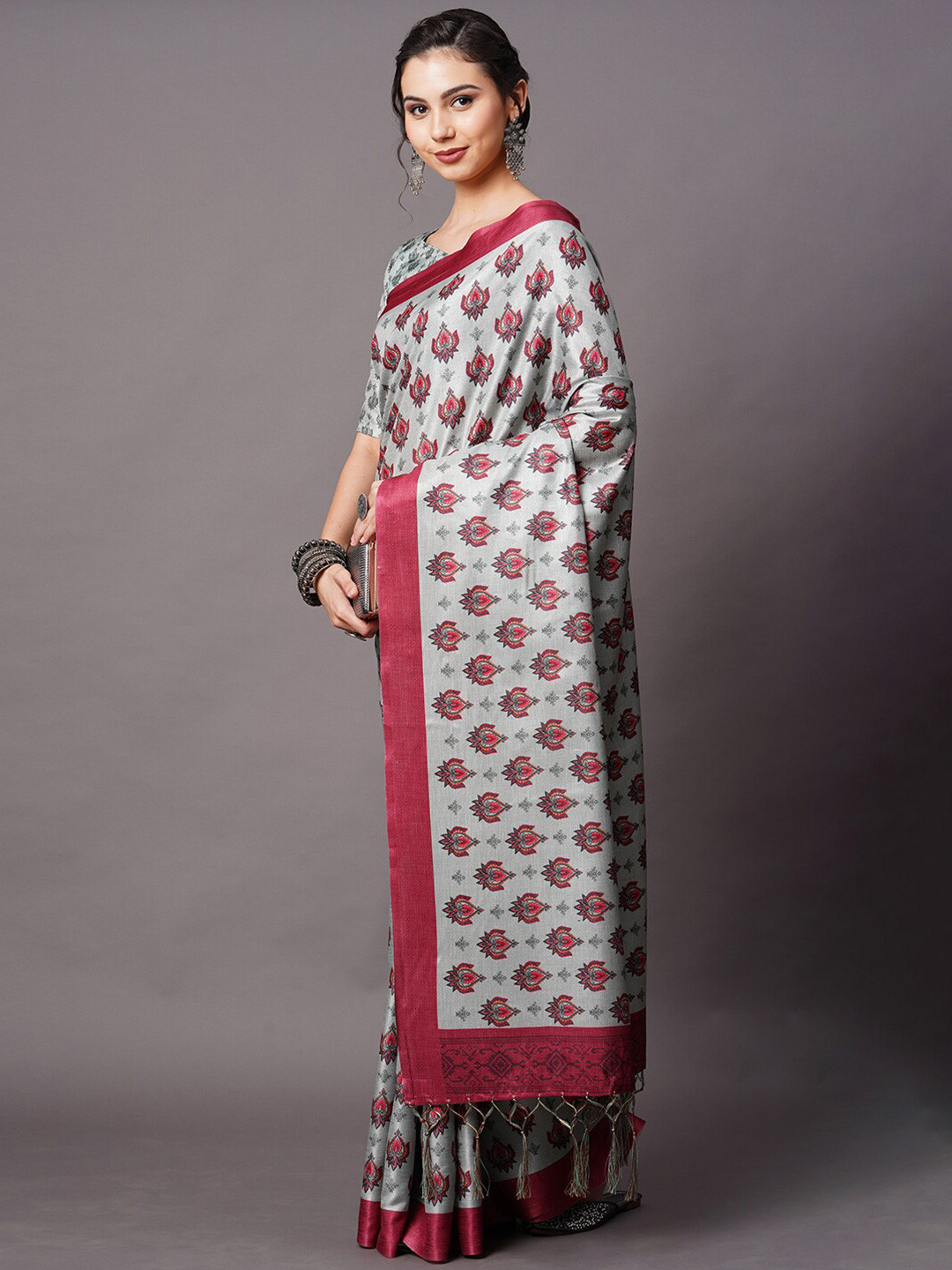 Mitera Grey & Pink Ethnic Motifs Silk Blend Saree