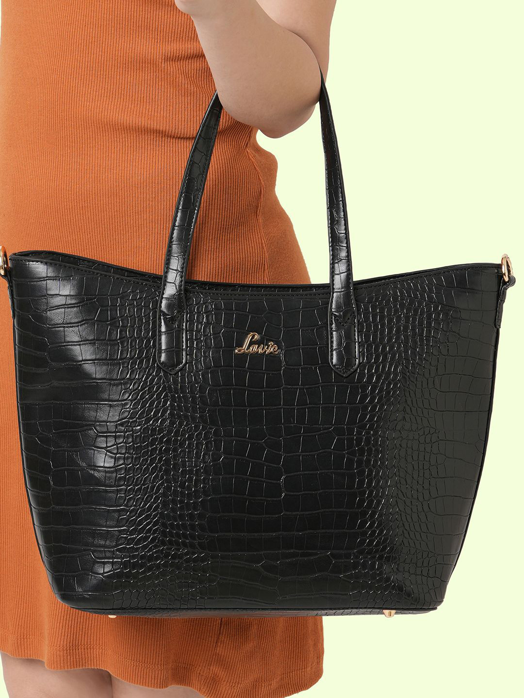 Lavie Women Hailon Black Animal Textured PU Structured Large Tote Bag
