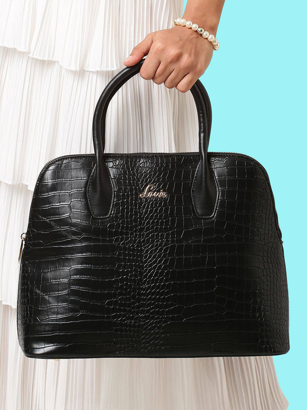 Lavie Mimi Black Textured PU Structured Handheld Bag