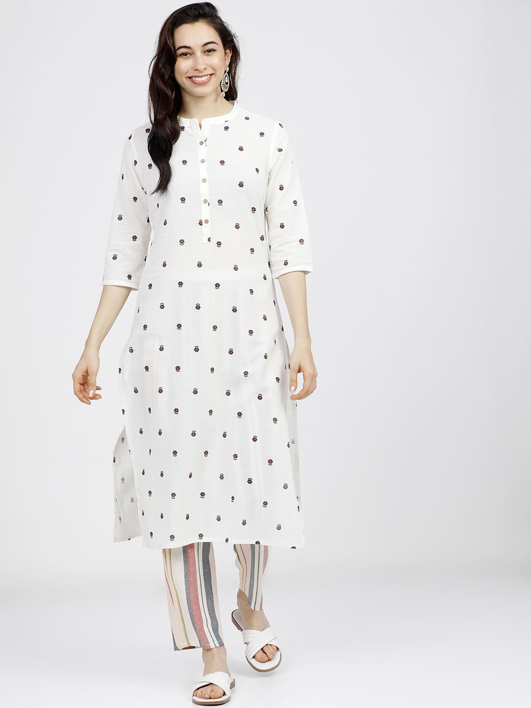 Vishudh Women White & Cream-Coloured Printed Regular Pure Cotton Kurta With Palazzos