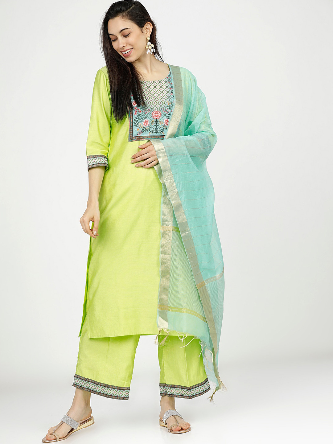 Vishudh Women Lime Green & Sea Green Floral Empire Kurta with Palazzos & With Dupatta