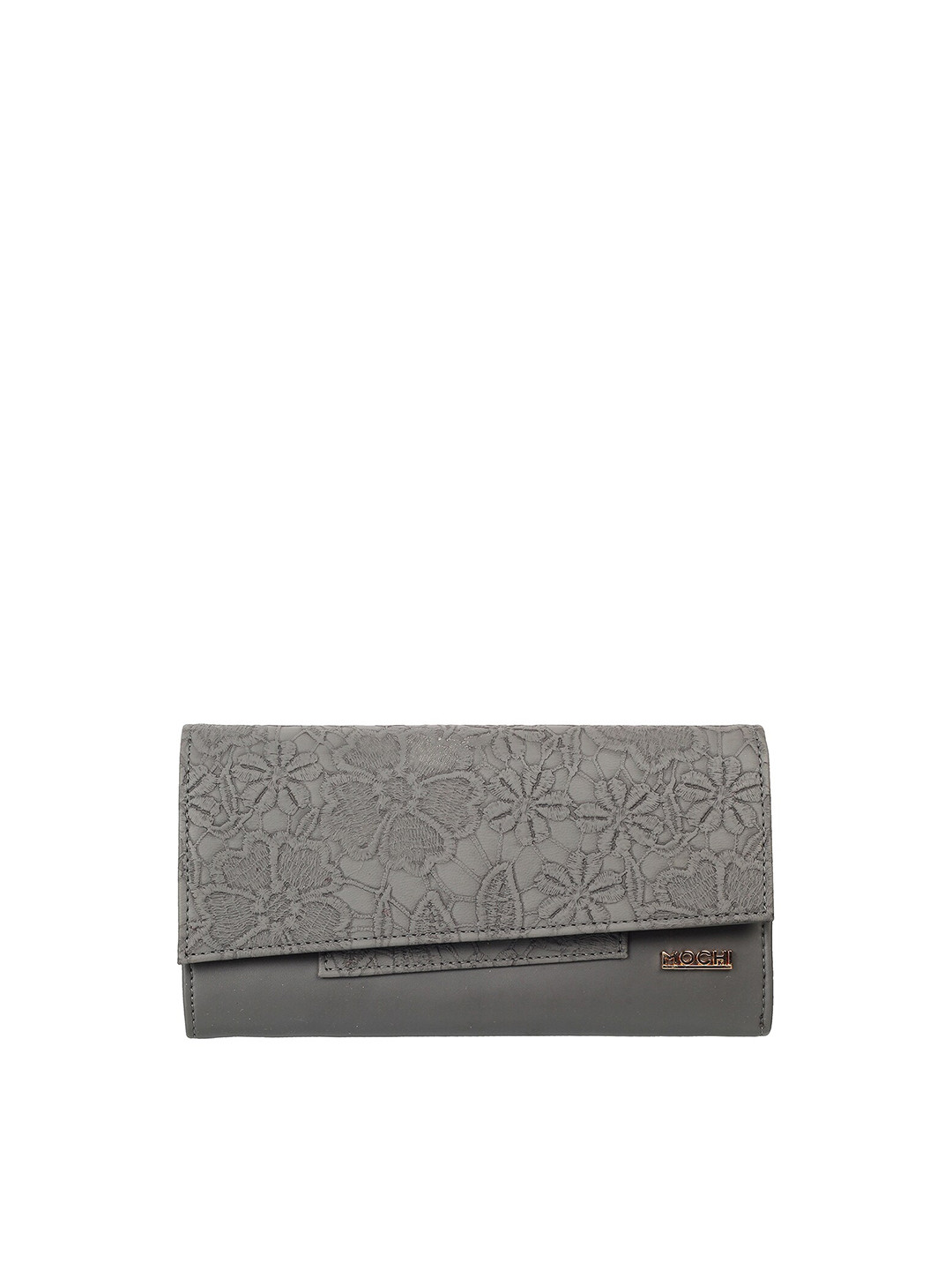 Mochi Women Grey Embroidered Foldover Clutch