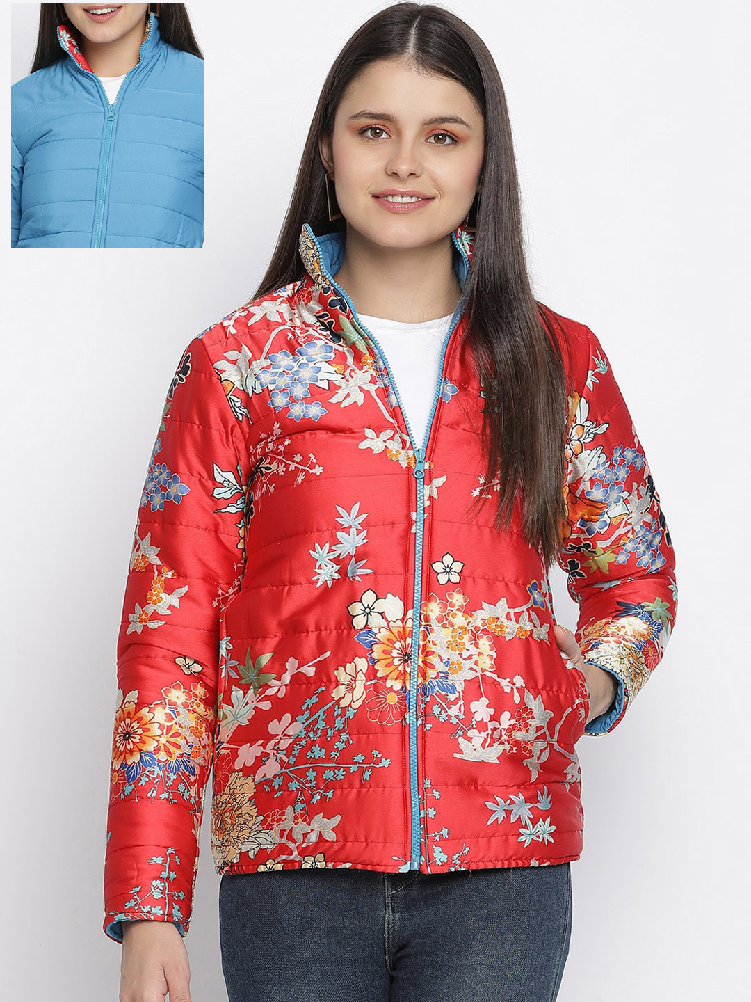 Oxolloxo Women Red & Blue Floral Reversible Padded Jacket