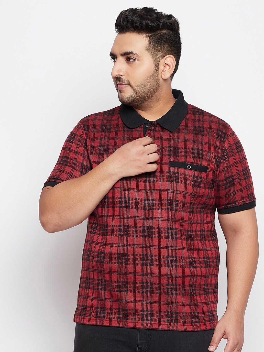 AUSTIVO Men Red & Black Checked Polo Collar T-shirt