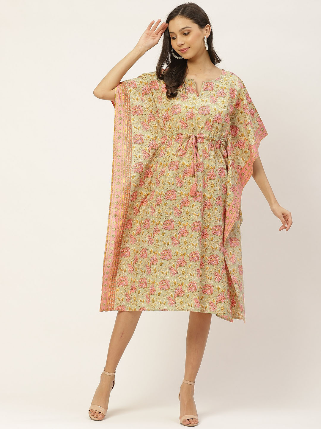 Maaesa Green Pink Floral Printed Kaftan Midi Cotton Dress