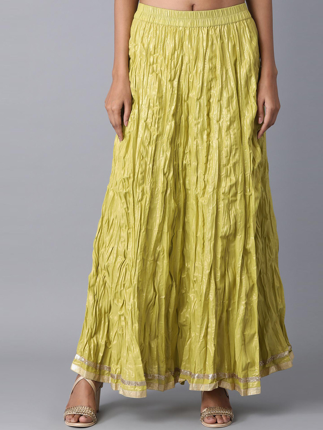 elleven Women Green Solid Pure Cotton Maxi-Length Flared Skirt