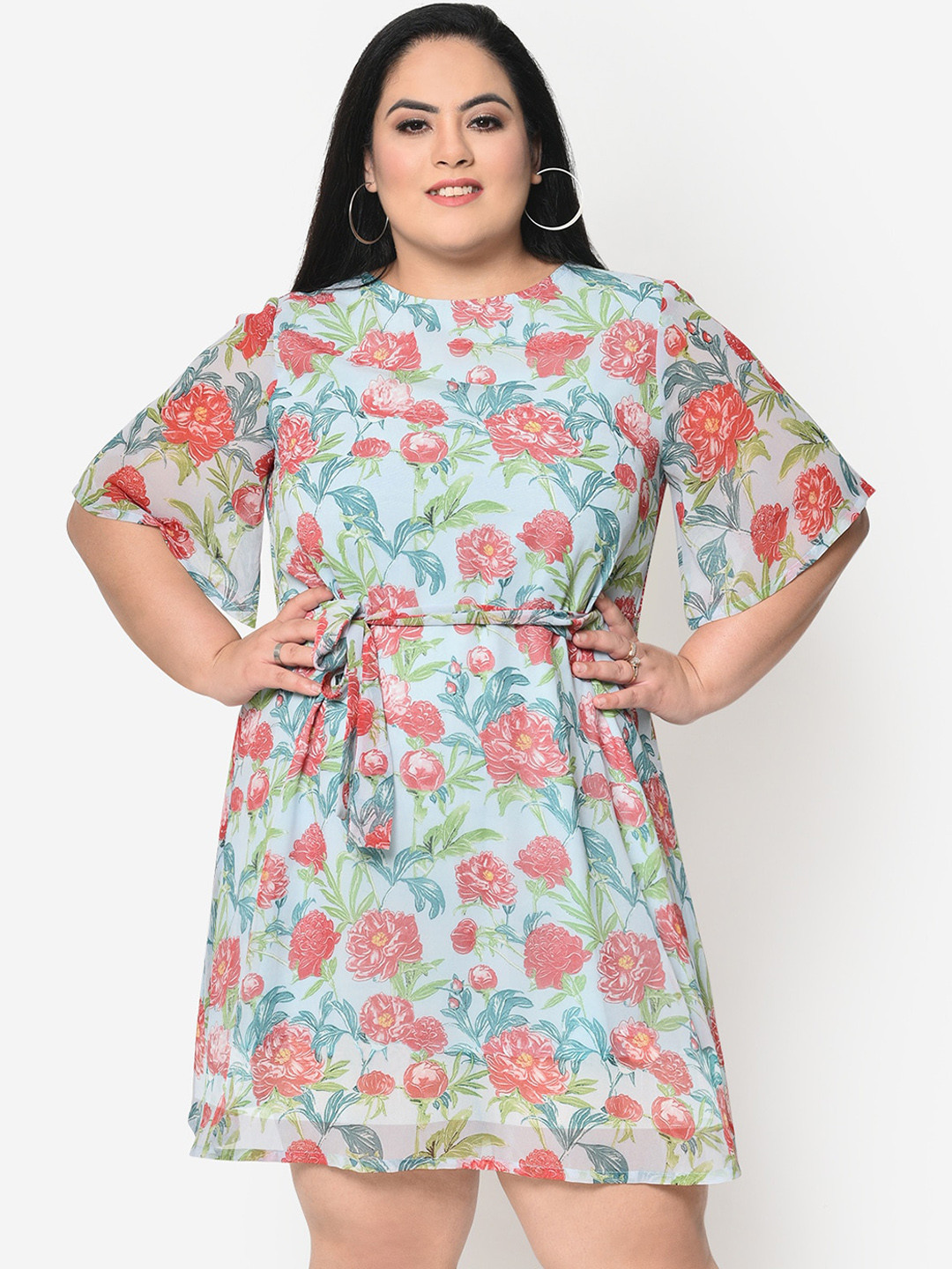 wild U Plus Size Blue Floral Georgette Dress