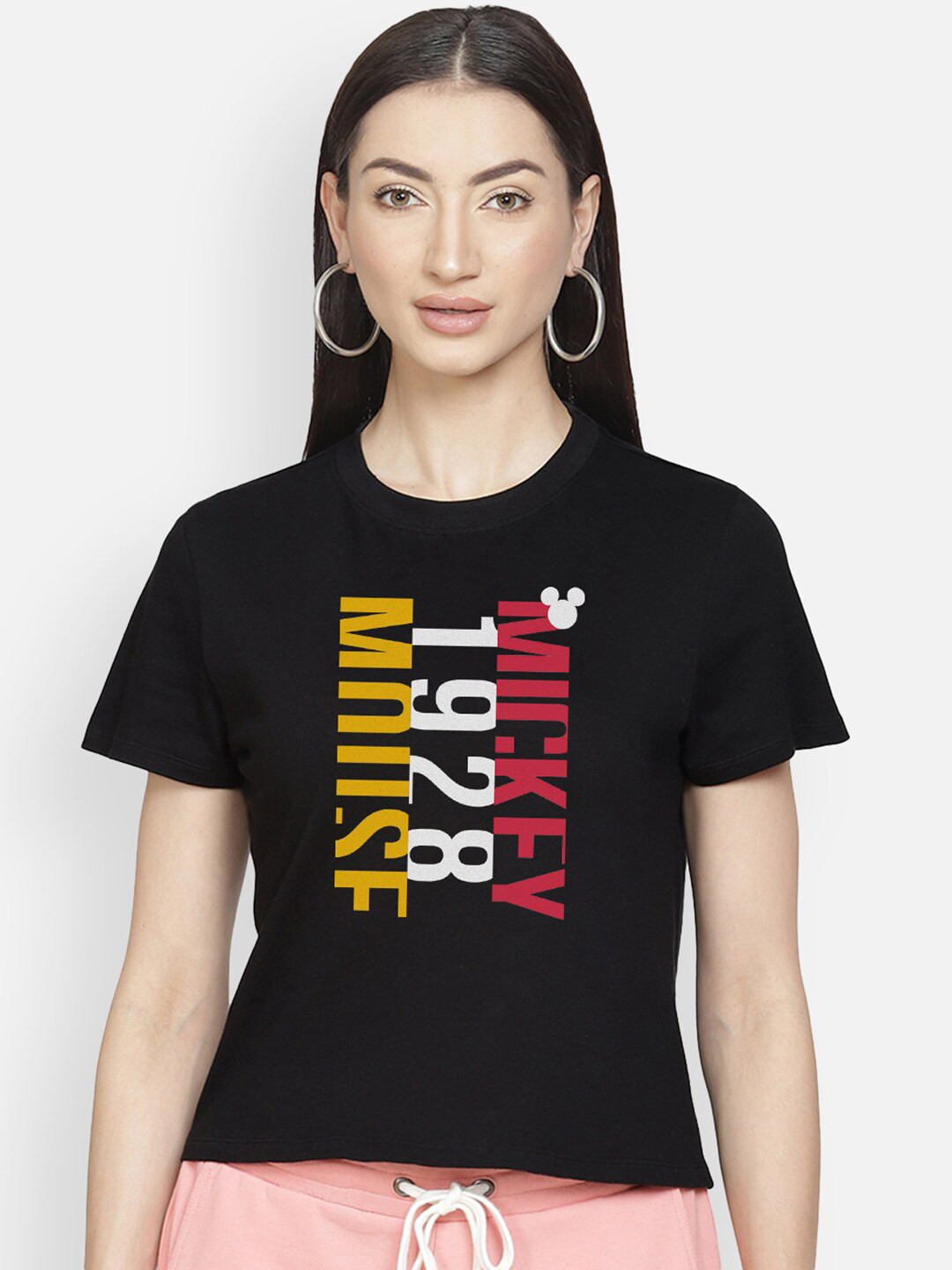 Free Authority Mickey & Friends Women Black Printed Crop T-shirt