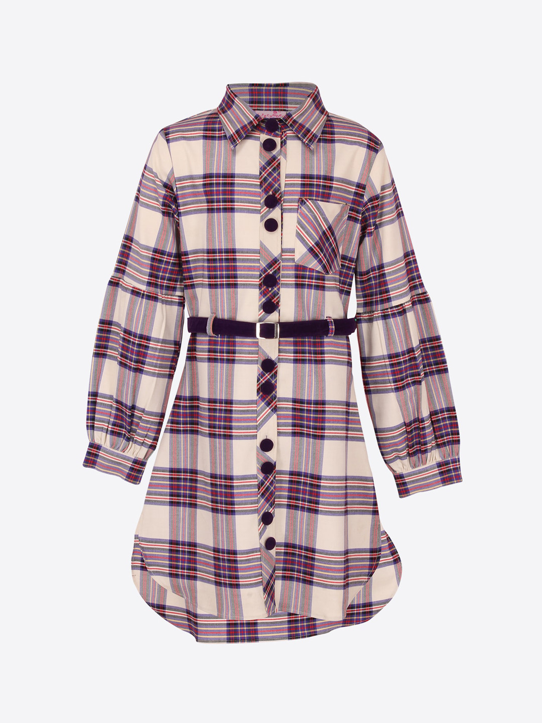 CUTECUMBER Girls Purple & Cream-Coloured Checked Shirt Dress
