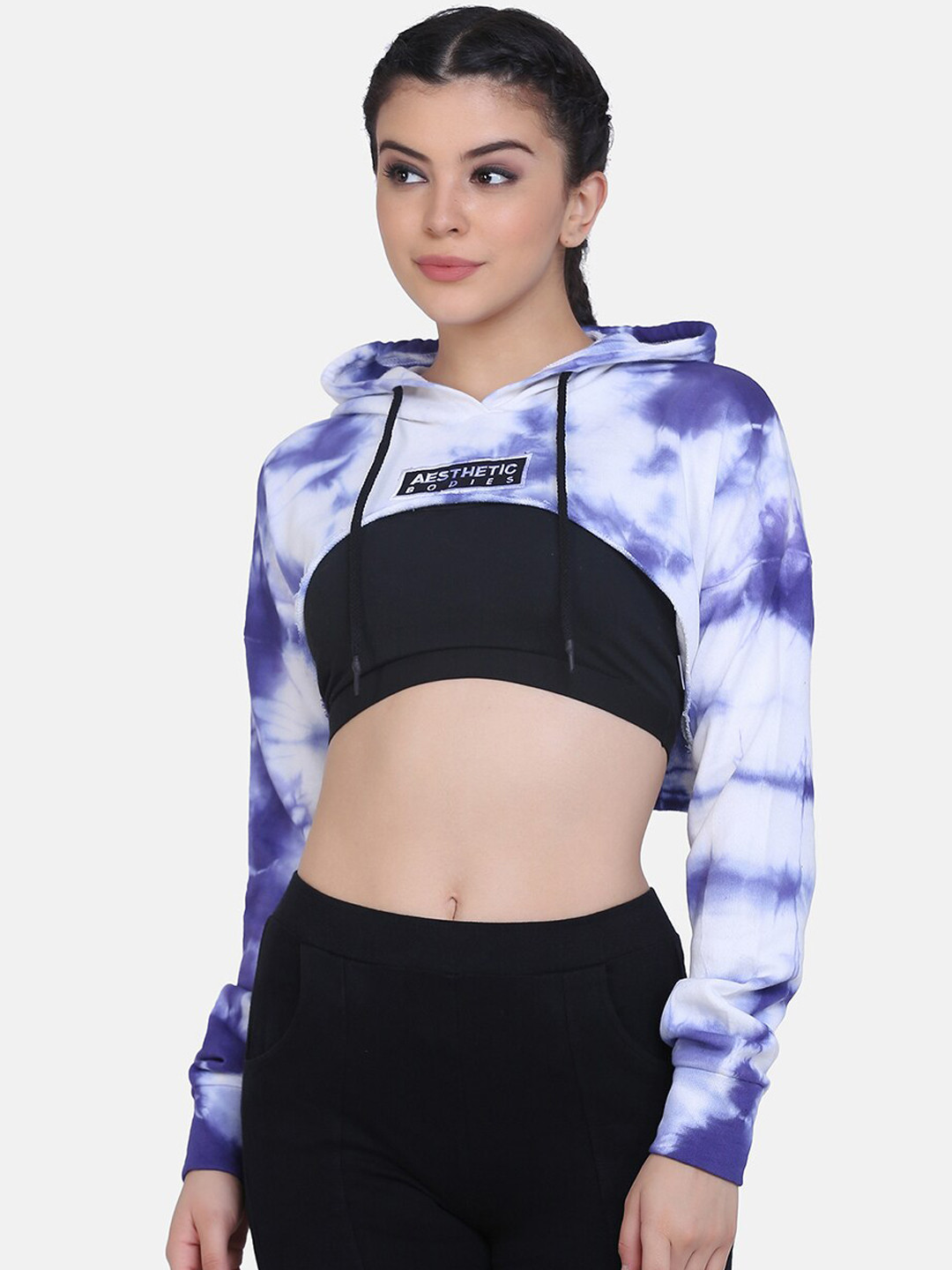 Aesthetic Bodies Women White & Blue Printed Hooded Cotton Sweatshirt