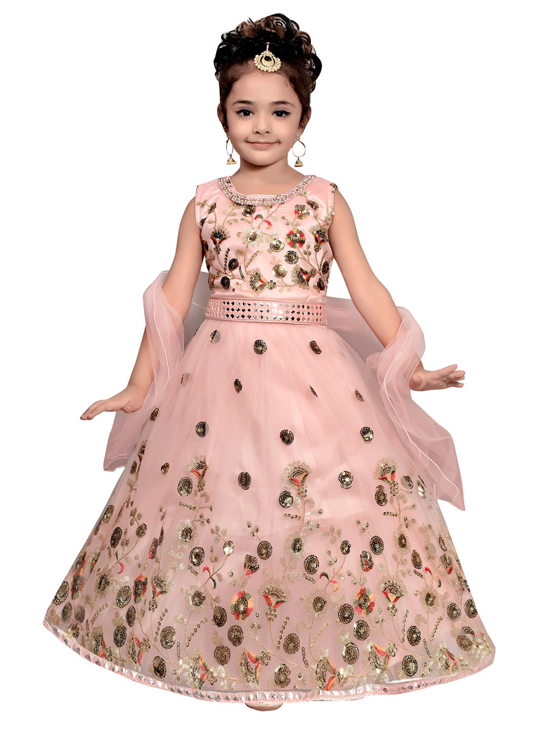 SKY HEIGHTS Girls Pink & Gold-Toned Embellished Ready to Wear Lehenga & Blouse With Dupatta