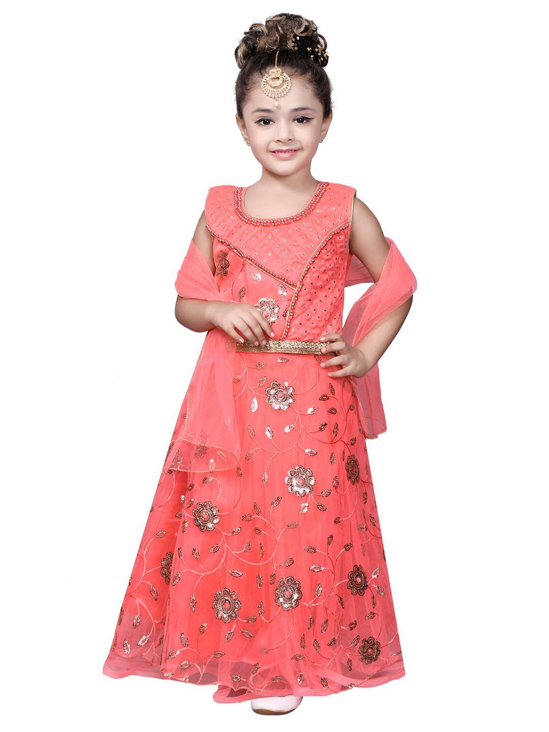SKY HEIGHTS Girls Orange Embellished Ready to Wear Lehenga & Blouse With Dupatta