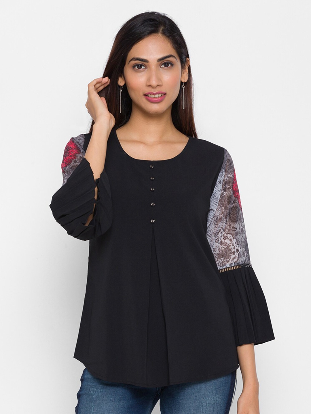 ZOLA Black Solid Chiffon Bell Sleeves A Line Casual Top