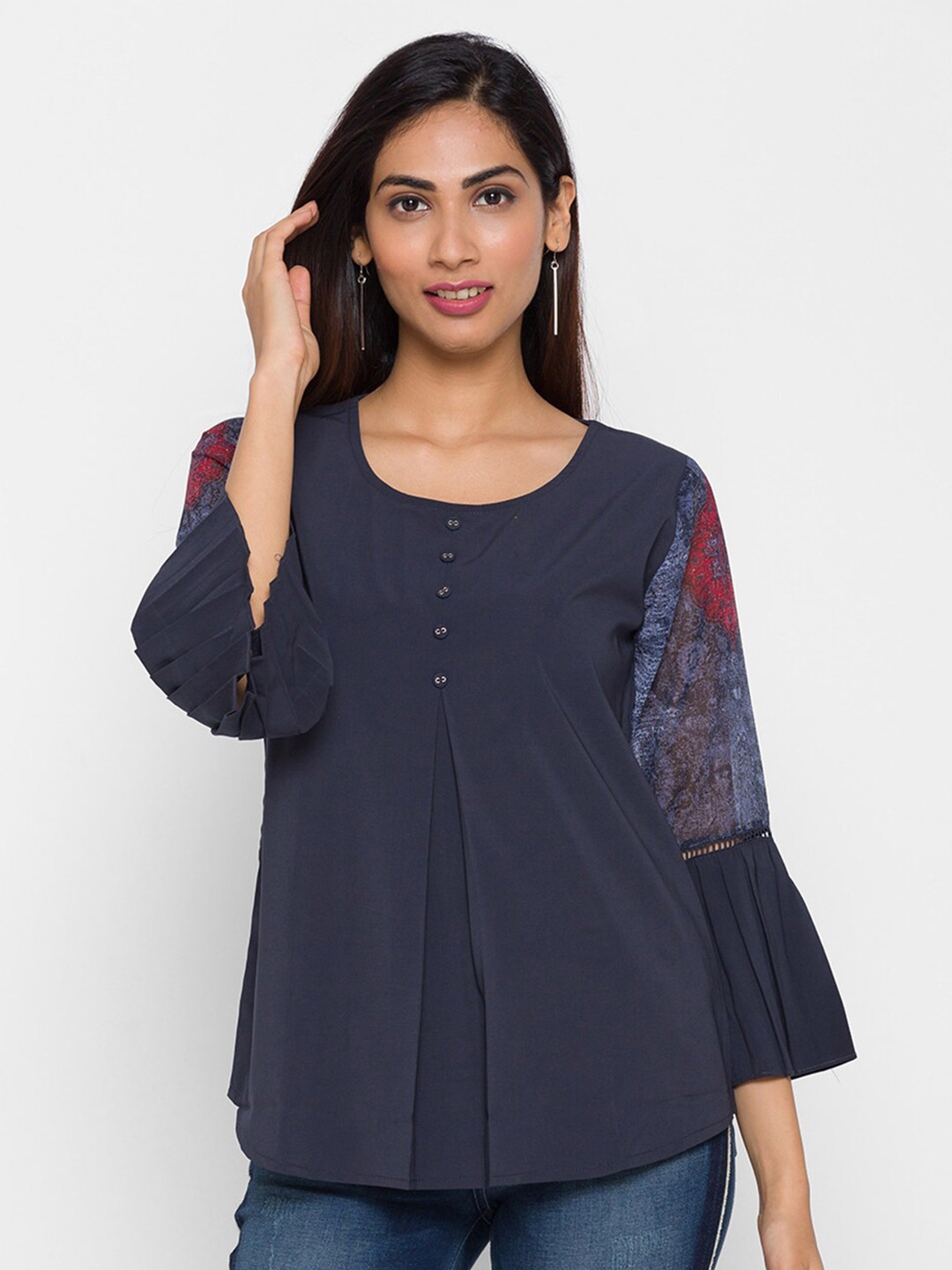 ZOLA Grey Chiffon Solid Bell Sleeves Casual Top