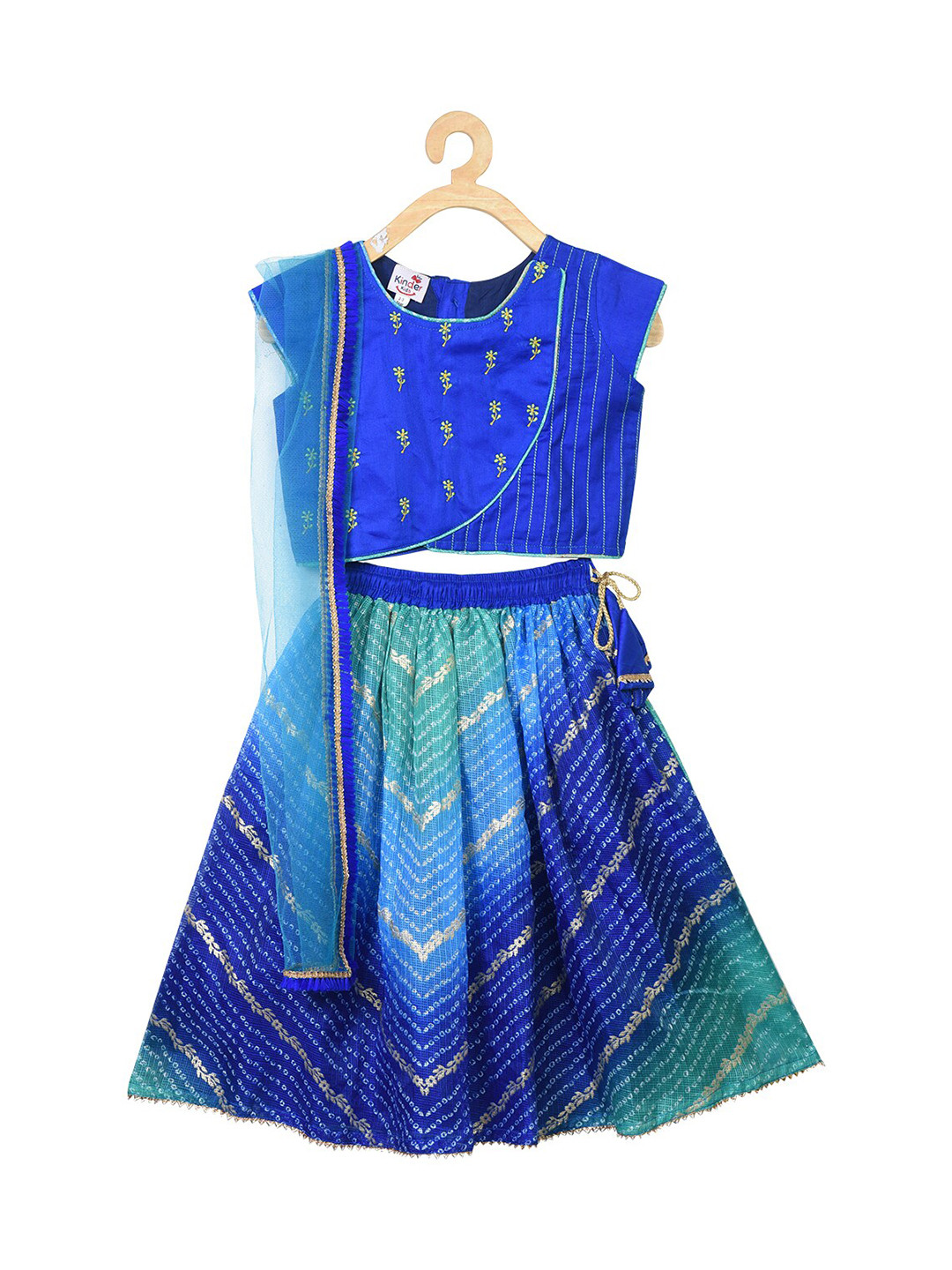 Here&Now X Kinder Kids Girls Blue & Green Embroidered Ready to Wear Lehenga & Blouse With Dupatta