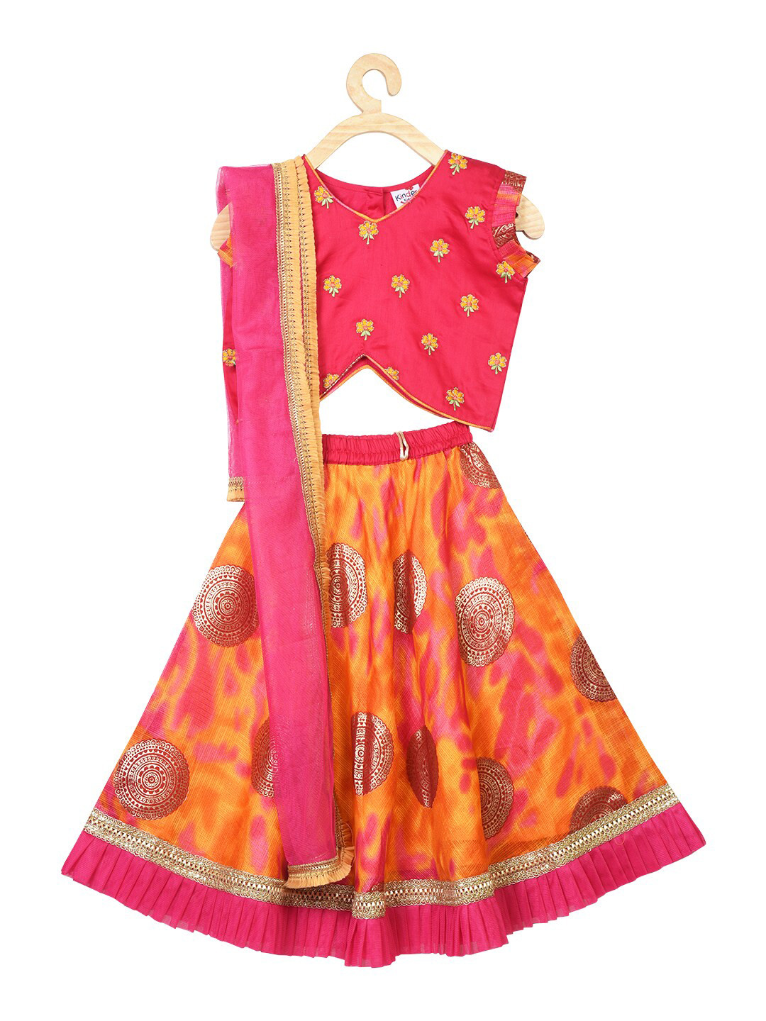 Here&Now X Kinder Kids Girls Yellow & Fuchsia Embroidered Ready to Wear Lehenga & Blouse With Dupatta