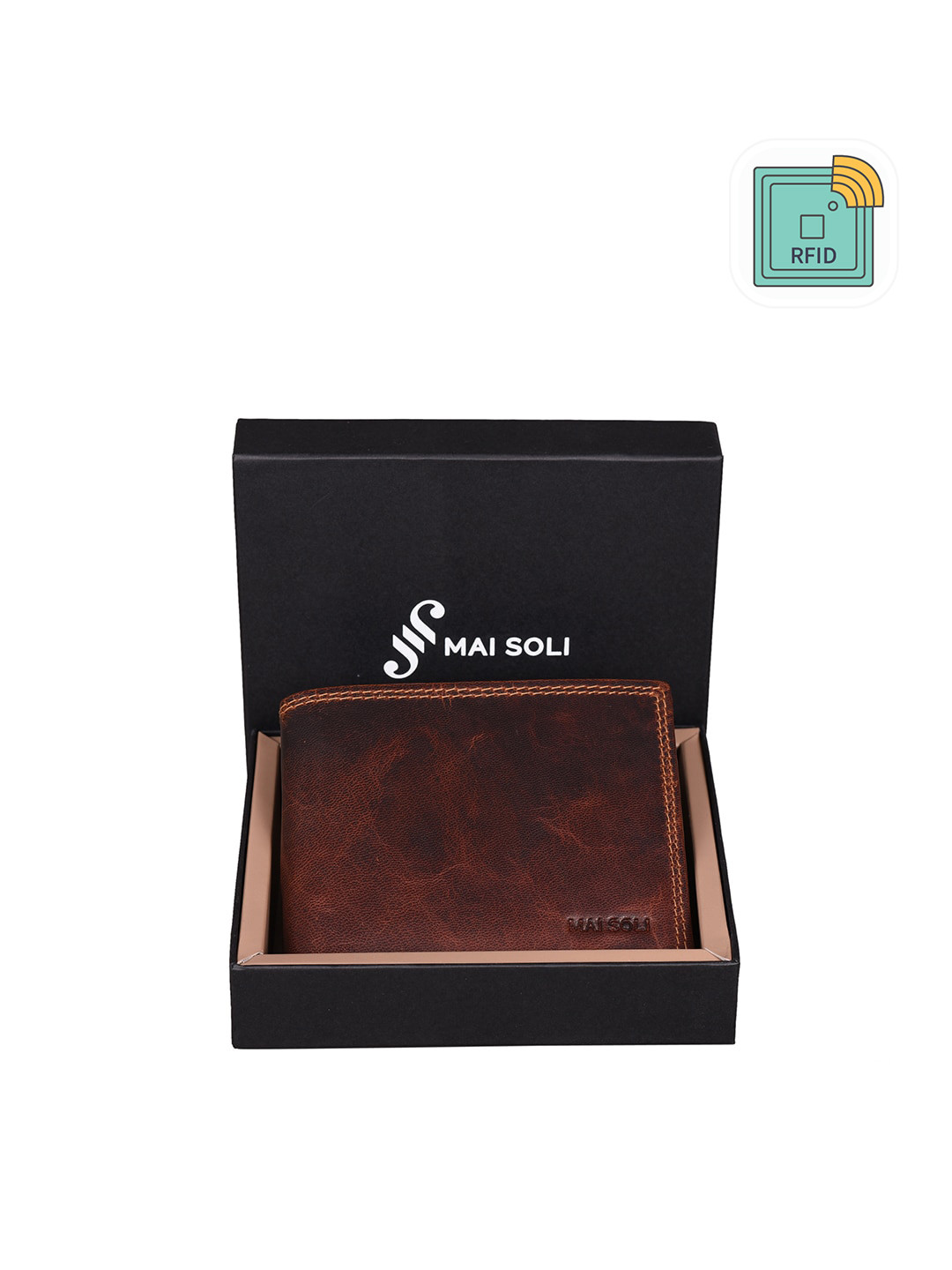 MAI SOLI Men Brown Genuine Leather RFID Protected Two Fold Wallet With Sideways Flap