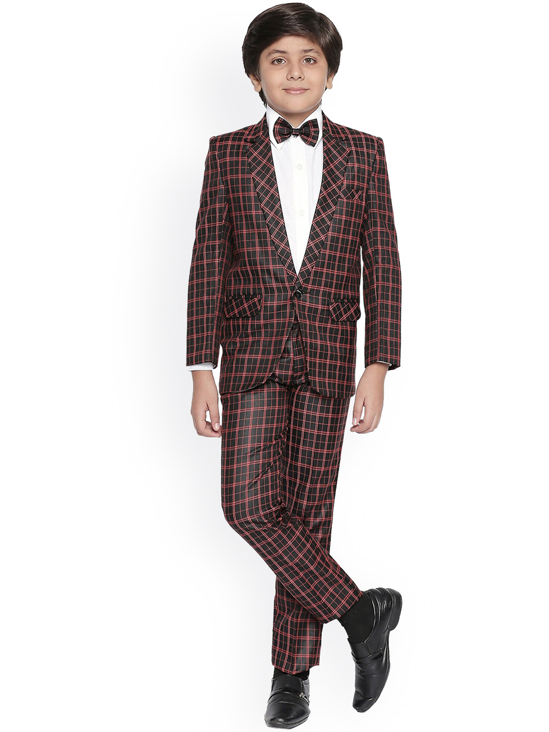 Jeetethnics Boys Black Checked 3-Piece Single-Breasted Suit