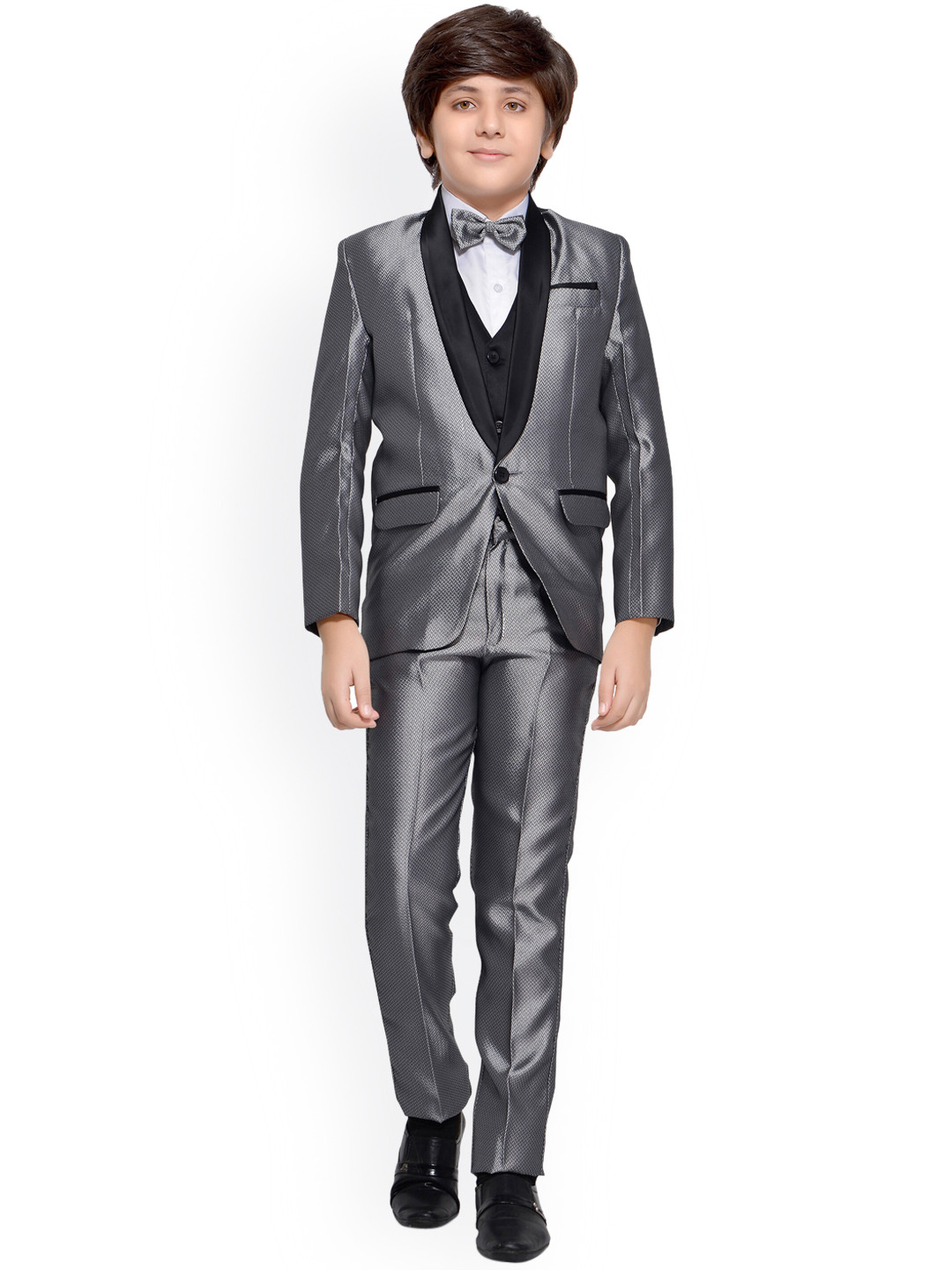 Jeetethnics Boys Grey & Black 4-Piece Single-Breasted Suit