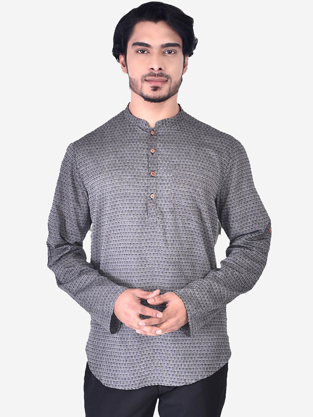 Manthan Men Charcoal Geometric Short Kurta