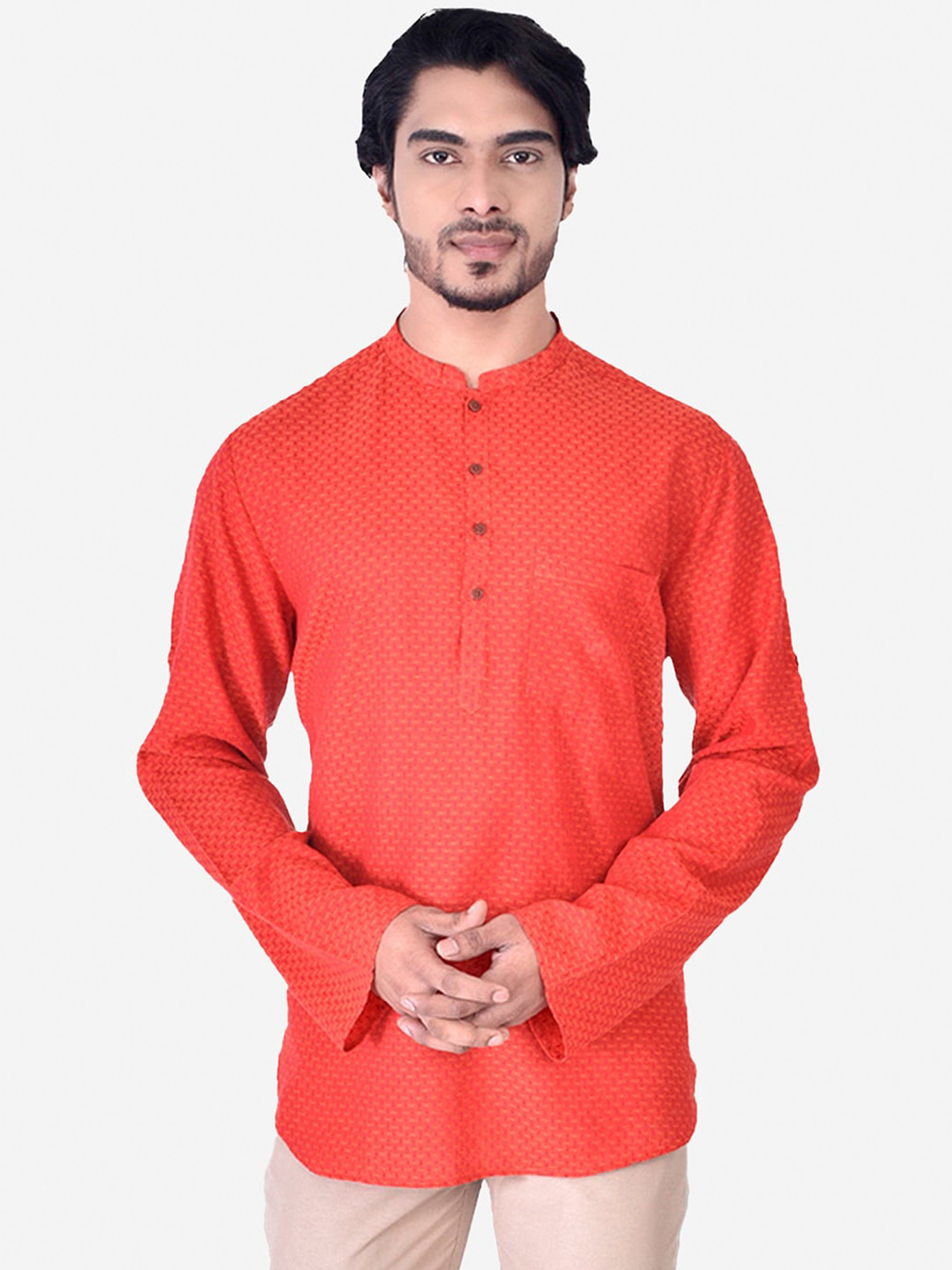 Manthan Men Red Thread Work Short Kurta