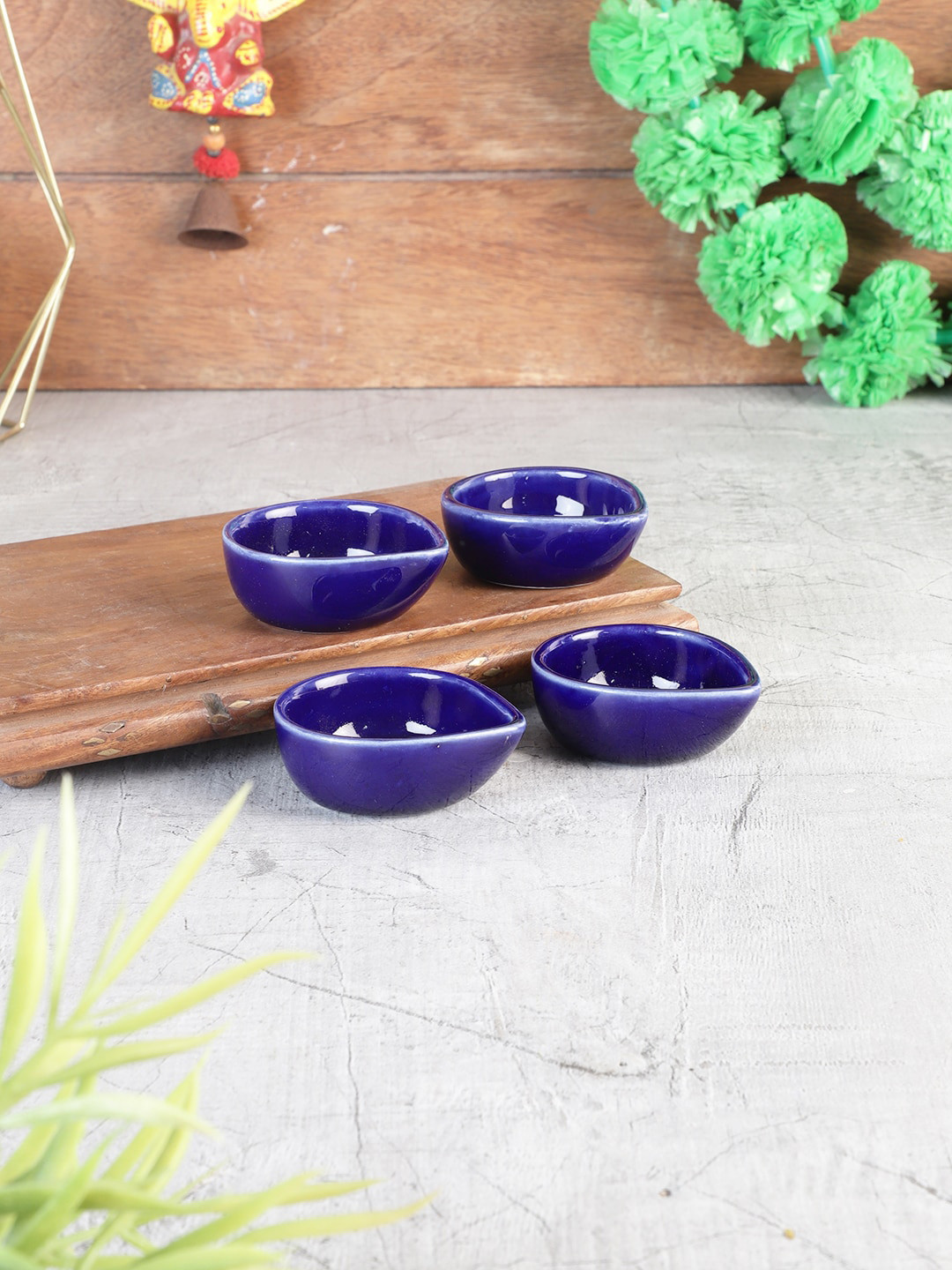 MIAH Decor Set Of 4 Blue Handmade Traditional Ceramic Diya