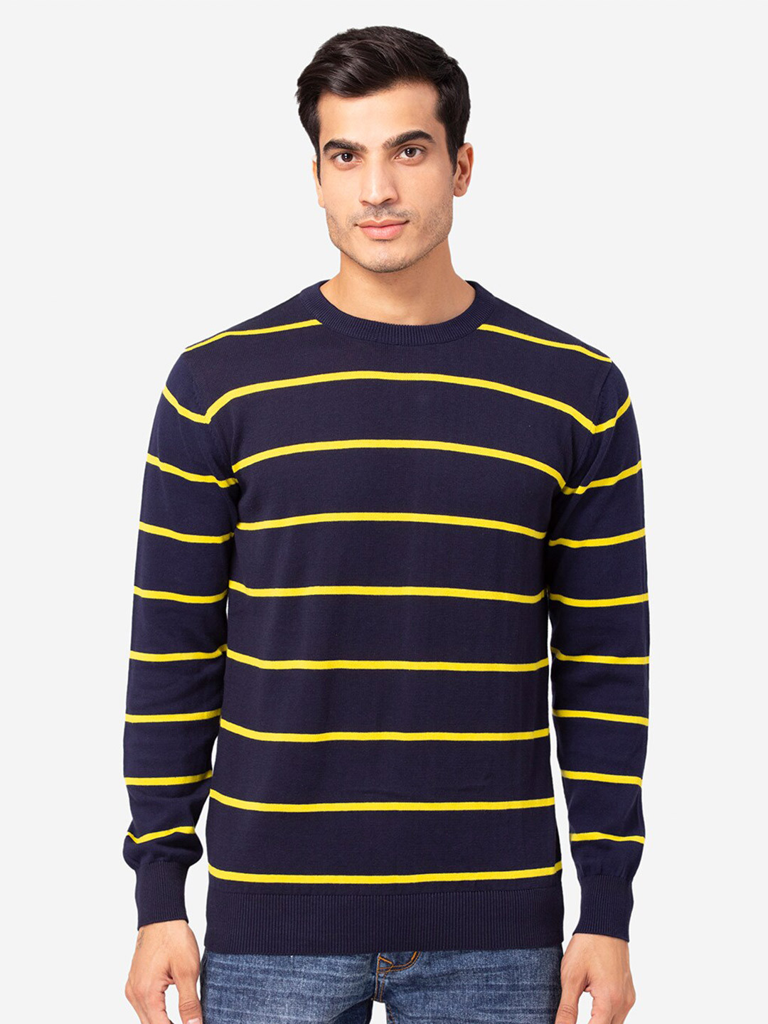 Allen Cooper Men Navy Blue & Yellow Striped Pullover Sweater