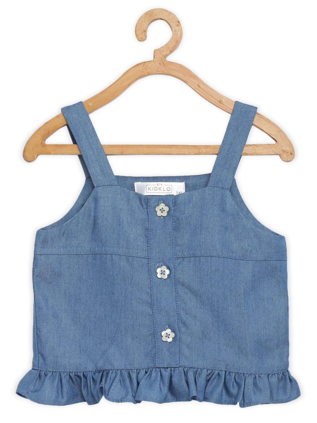 KIDKLO Girls Blue Denim Regular Crop Top With Ruffle Hem