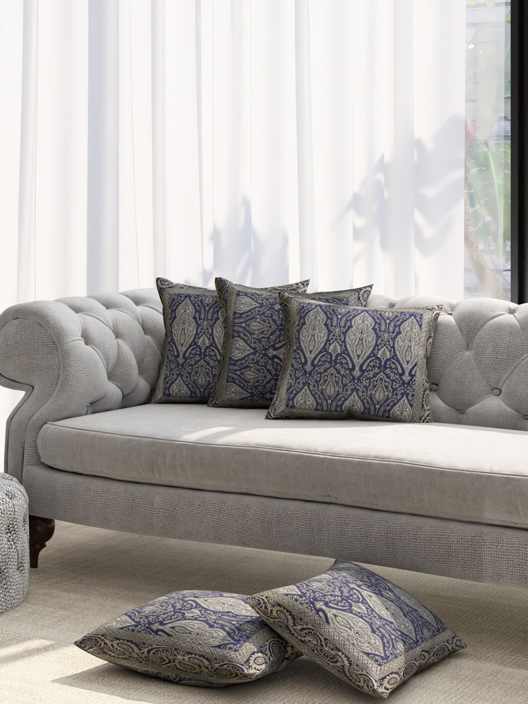 TAG 7 Grey Ethnic Motifs Polyester Quick-Dry 5 Pcs Textured Square Cushion Covers -16x16In