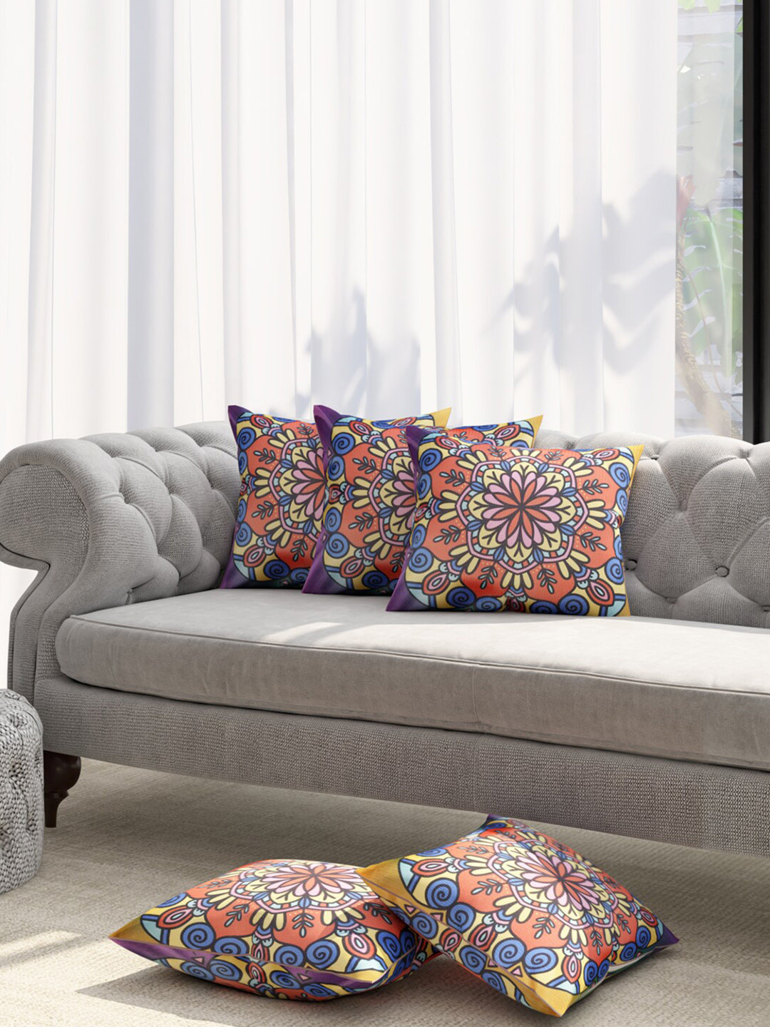 TAG 7 Purple Ethnic Motifs Polyester Anti-Wrinkle 5 Square Cushion Covers -16x16In