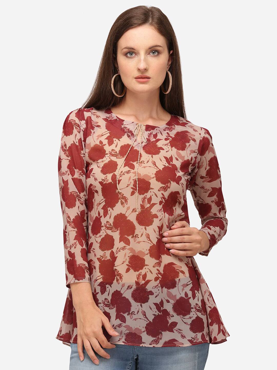 RAISIN Women Beige & Maroon Floral Printed Georgette A-Line Tunic