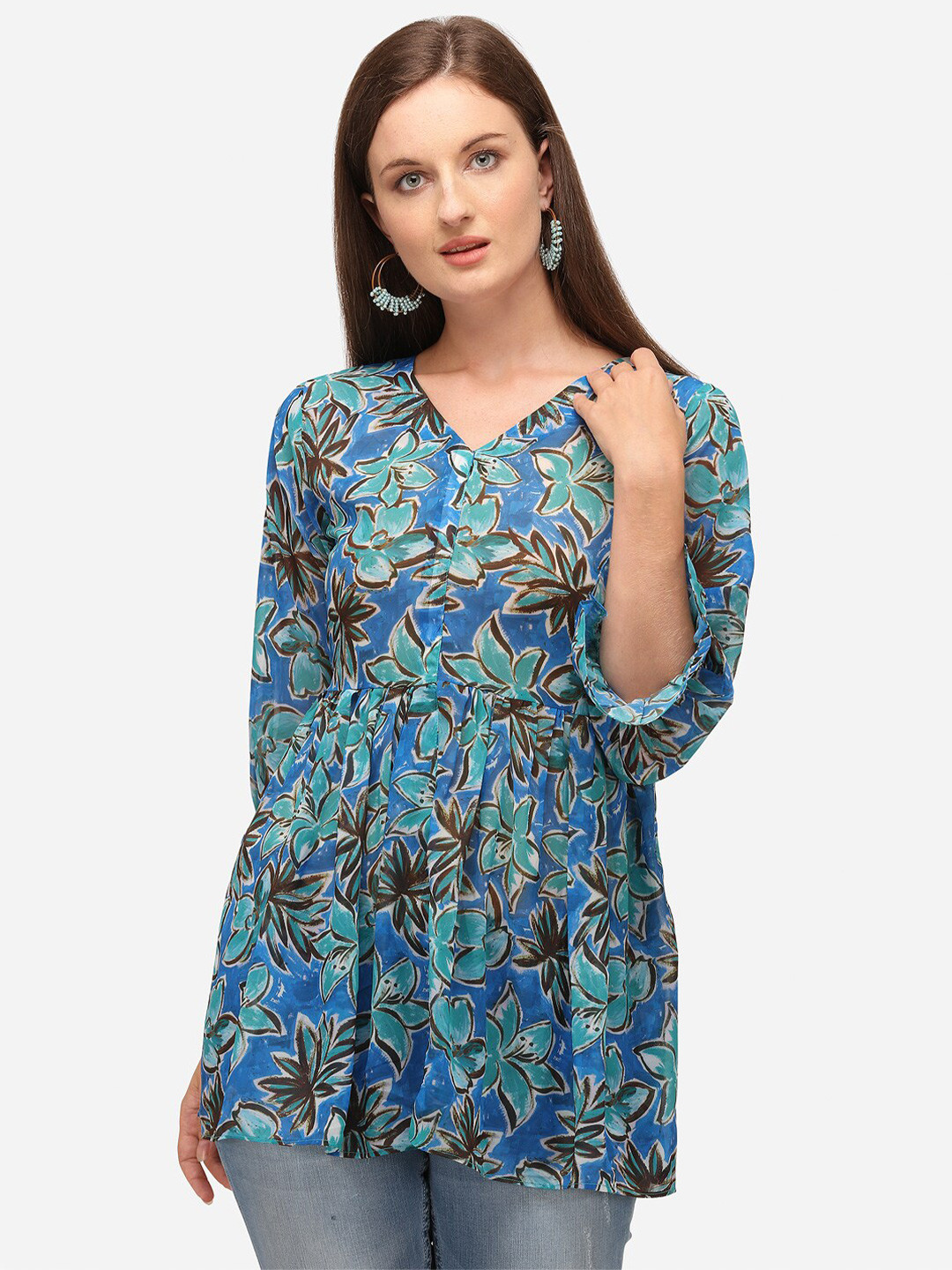 RAISIN Women Blue Floral Printed Georgette A-Line Tunic