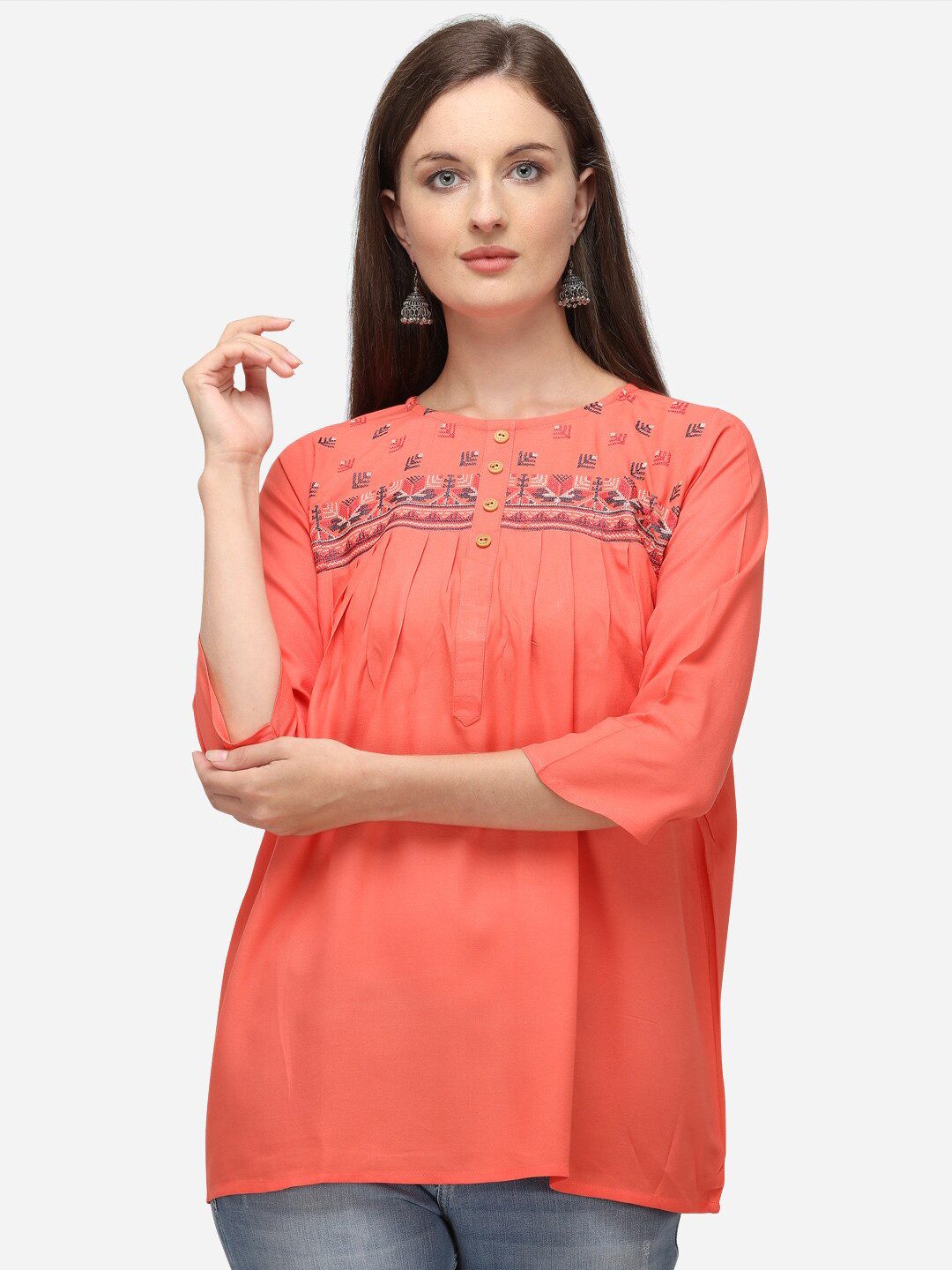 RAISIN Women Peach-Colour Embroidered Straight Tunic