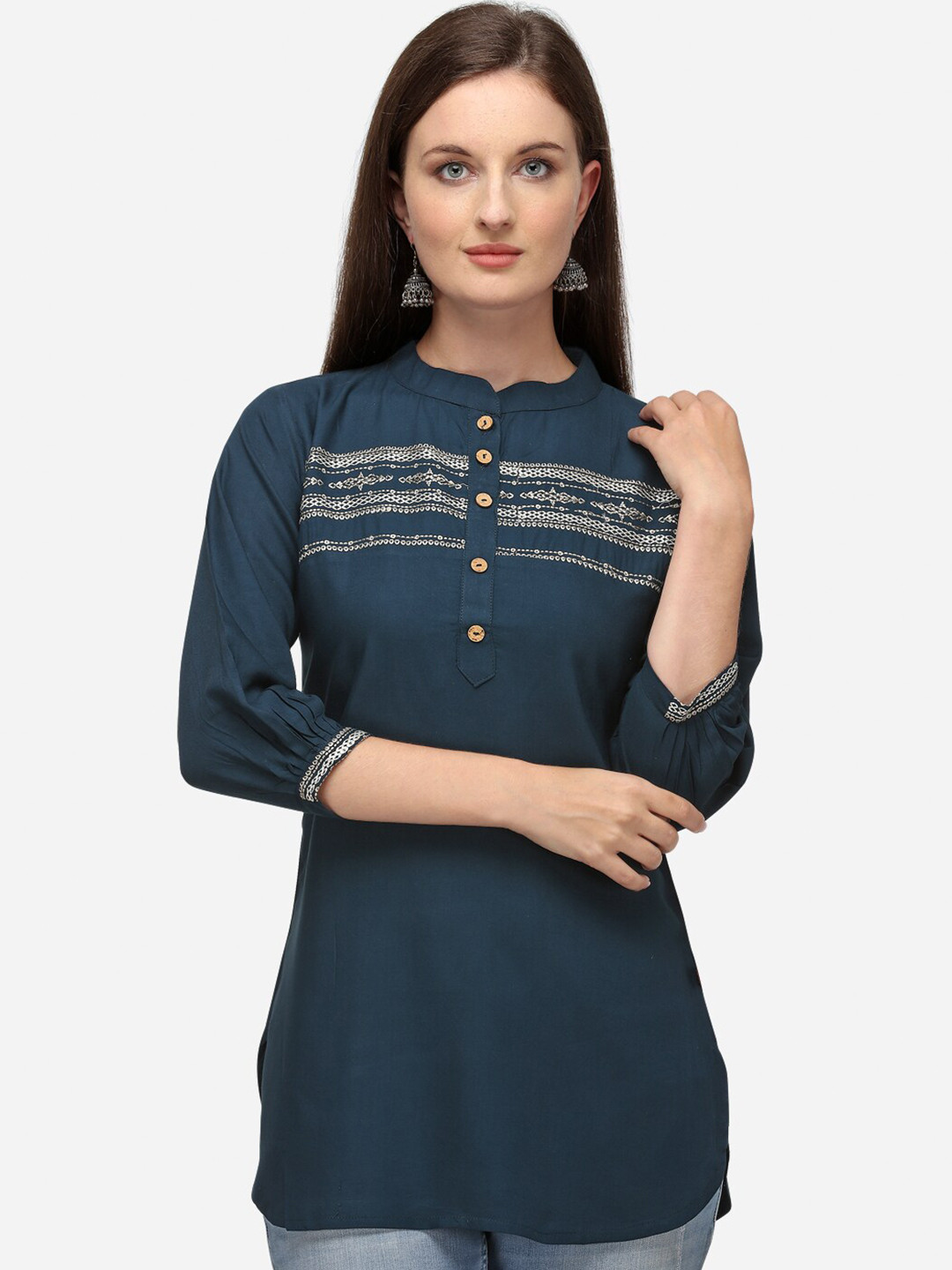 RAISIN Women Navy Blue Embroidered Straight Tunic