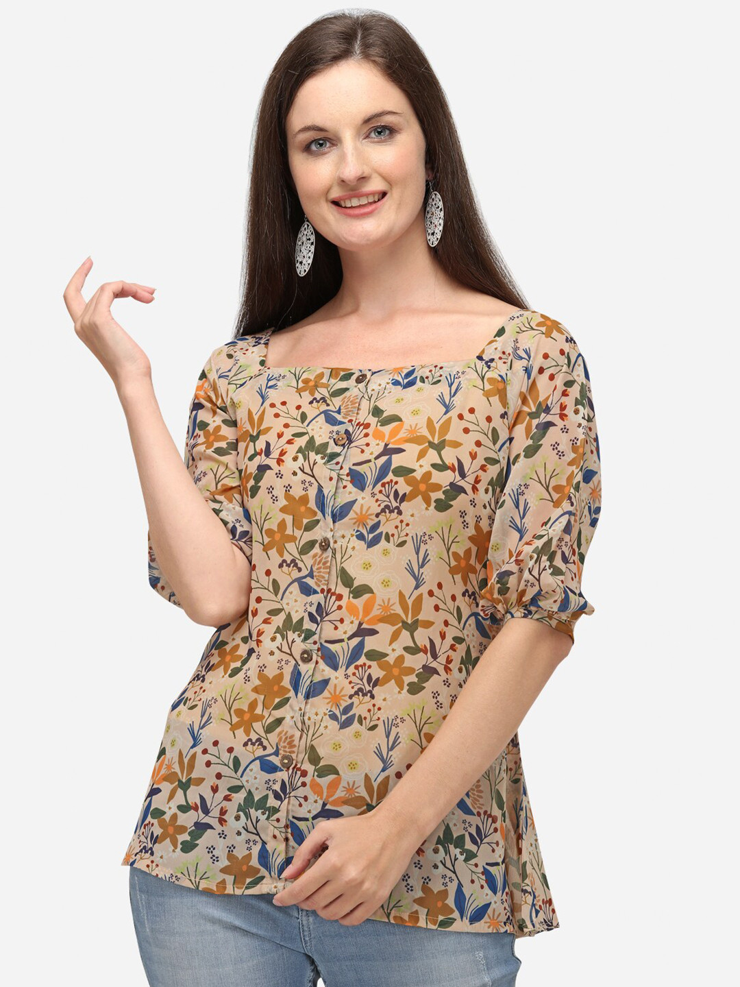 RAISIN Women Cream-Coloured Floral Printed Georgette A-Line Tunic