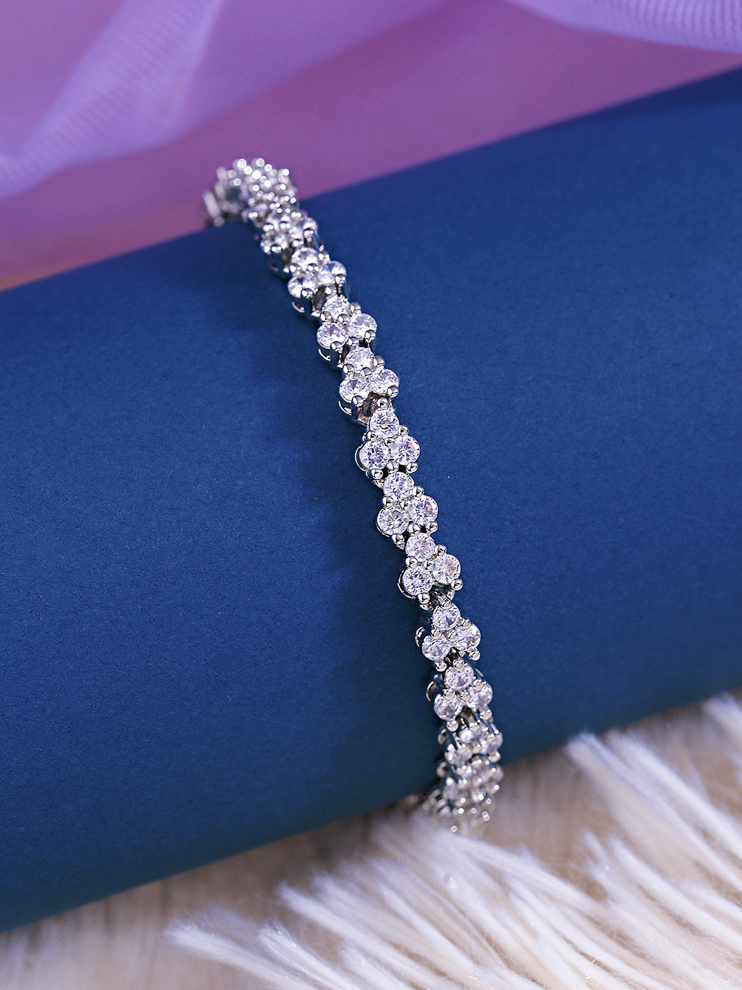 Yellow Chimes Women Silver-Toned & White Crystals Rhodium-Plated Link Bracelet