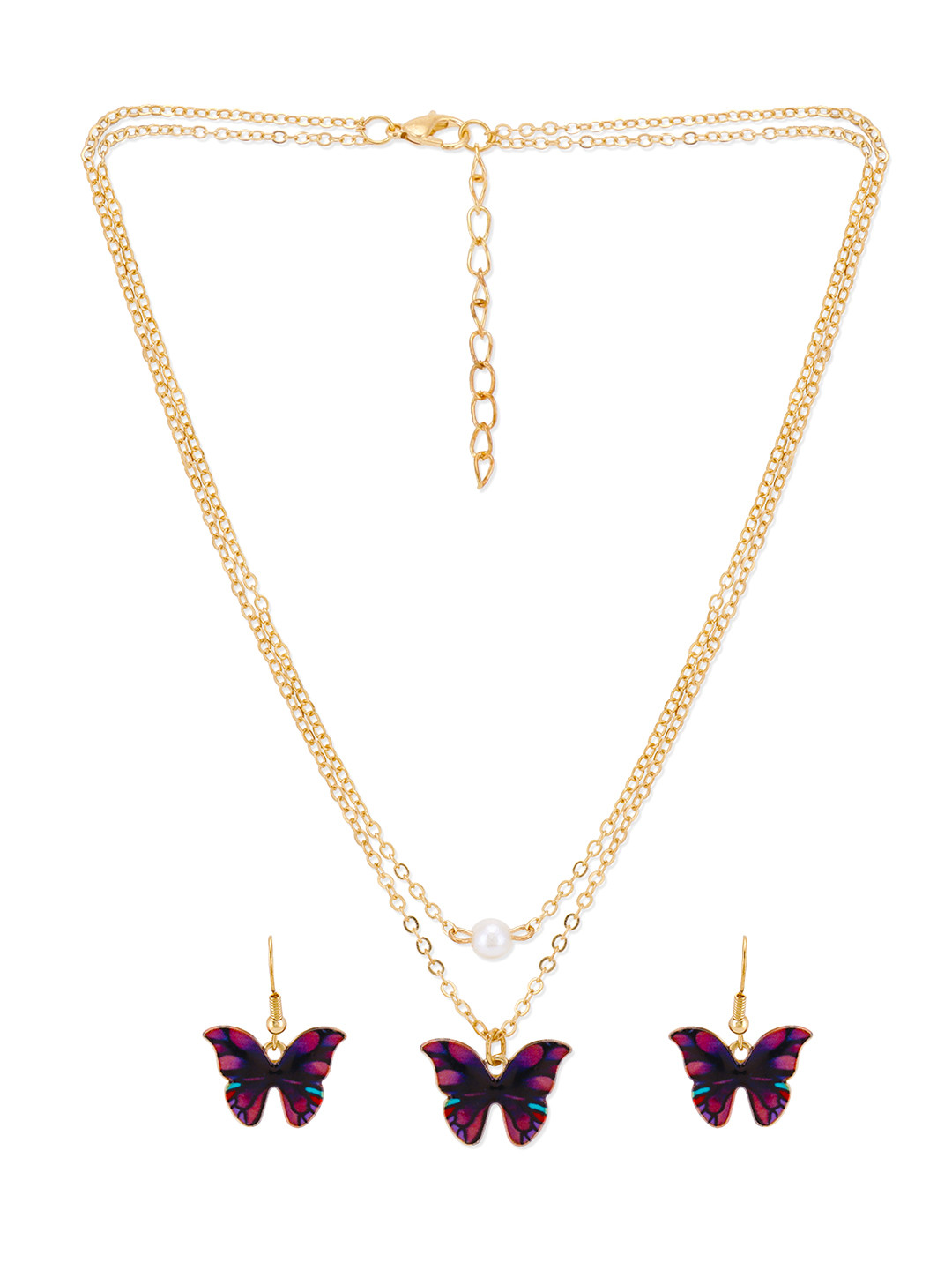 Yellow Chimes Gold-Plated Purple Pearl Beaded Enamelled Butterfly-Shaped Jewellery Set