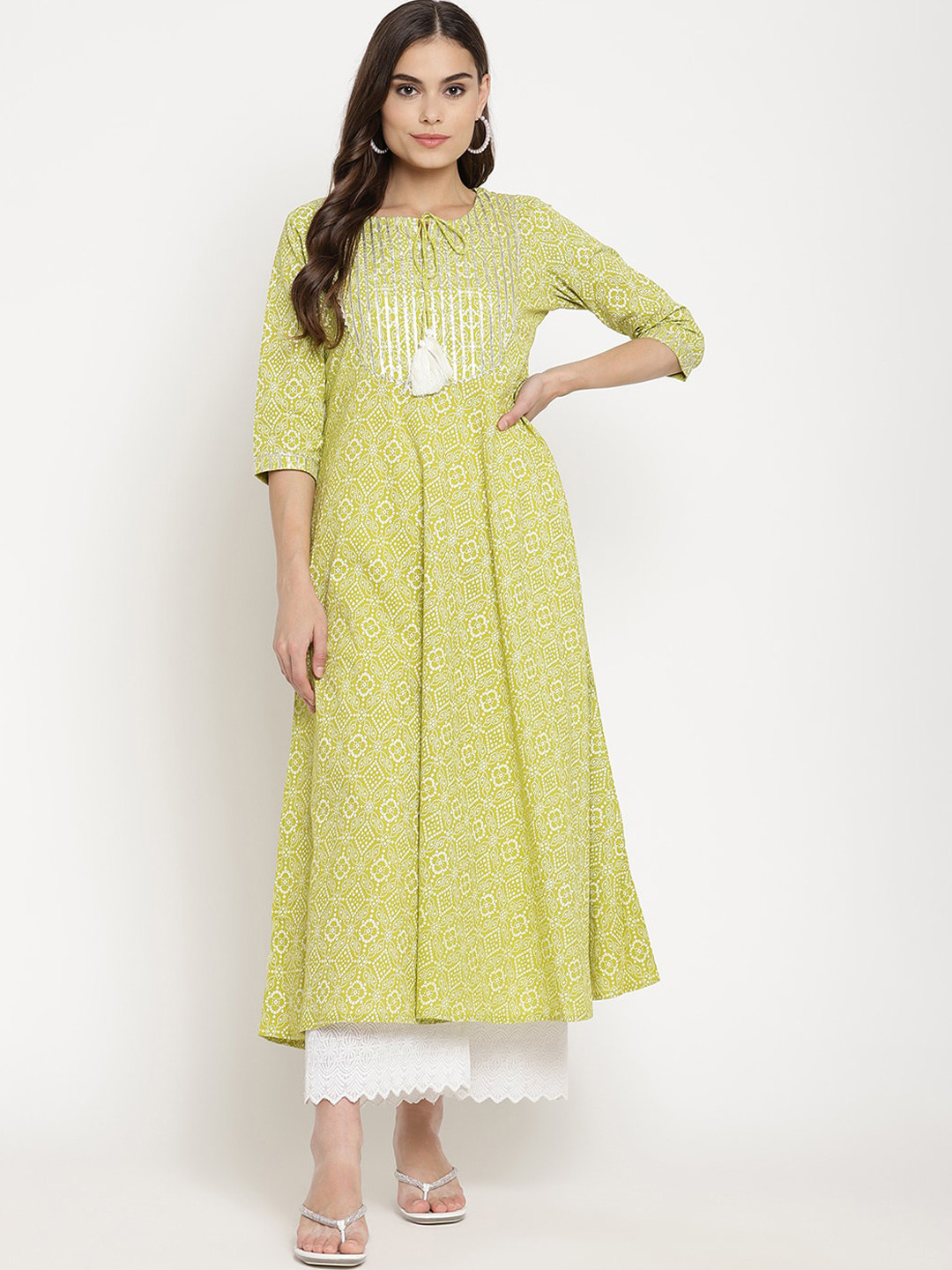 Sringam Green Floral Tie-Up Neck Ethnic Maxi Dress