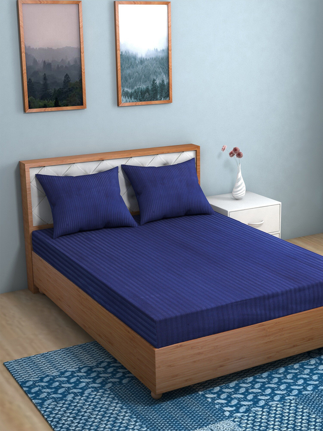 TAG 7 Navy Blue Striped Cotton 144 TC King Bedsheet with 2 Pillow Covers-87 x 98 inches