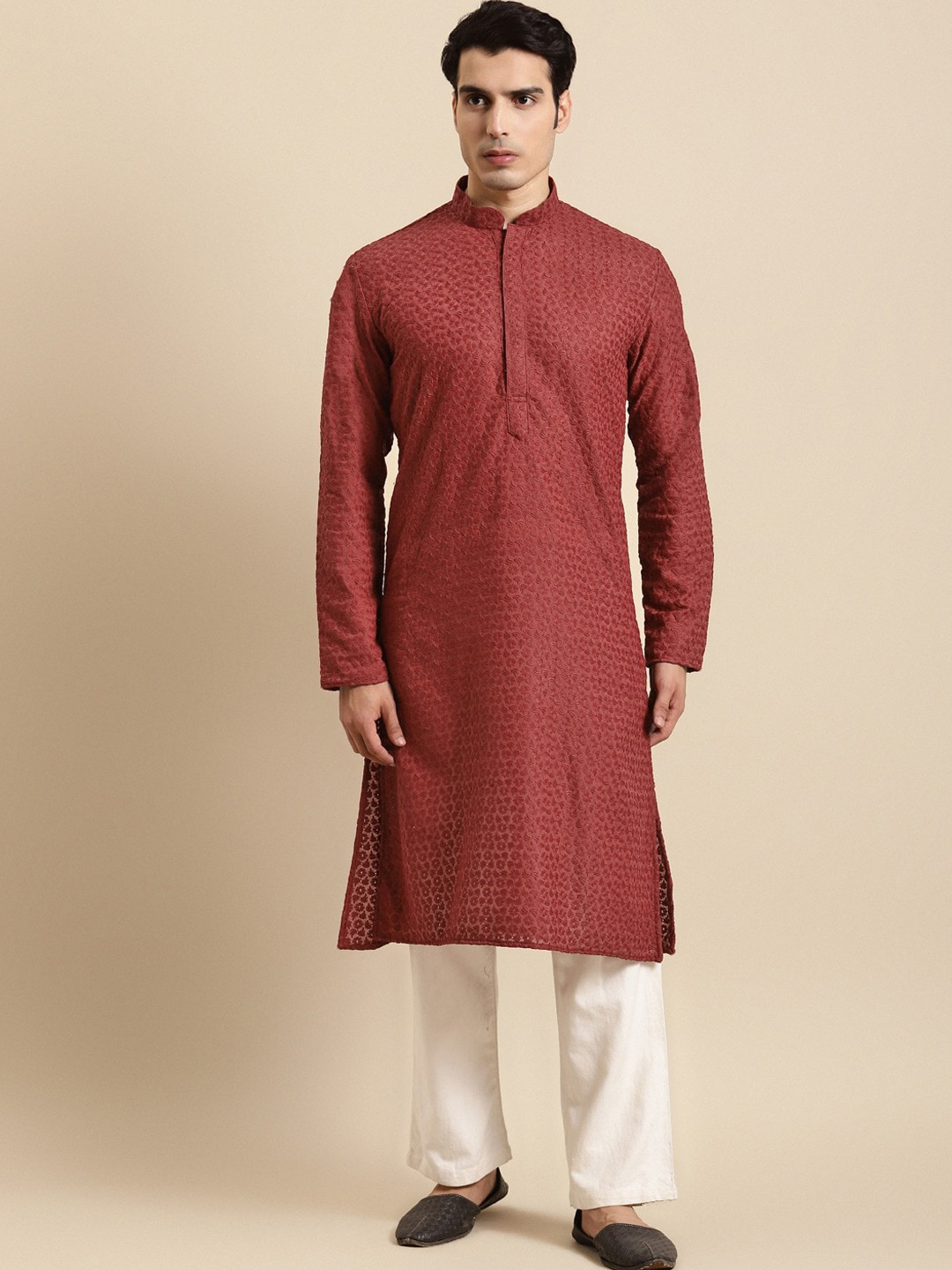 RAJUBHAI HARGOVINDAS Men Maroon Regular Chikankari Pure Cotton Kurta with Pyjamas